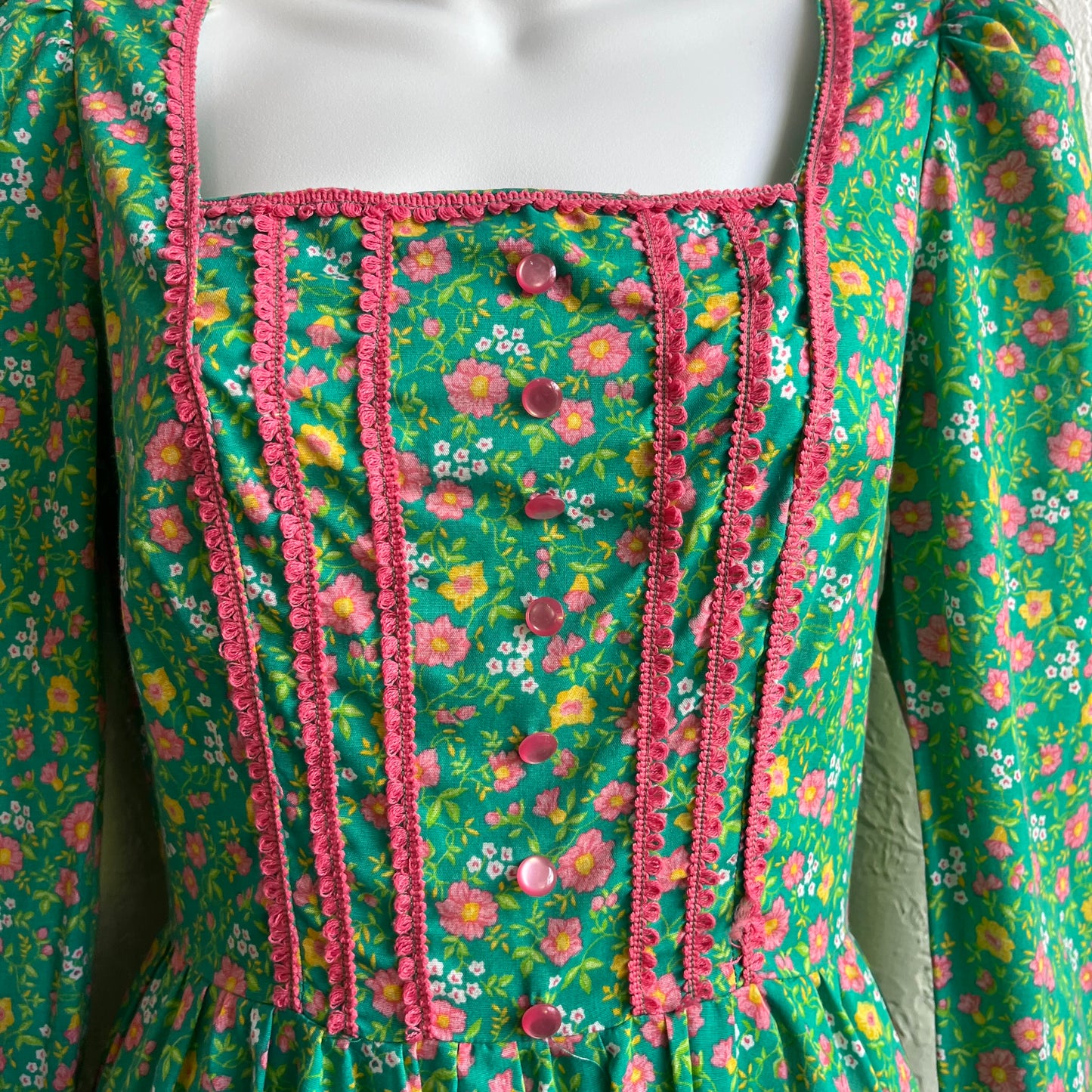 70’s Green Floral Maxi Dress | XS
