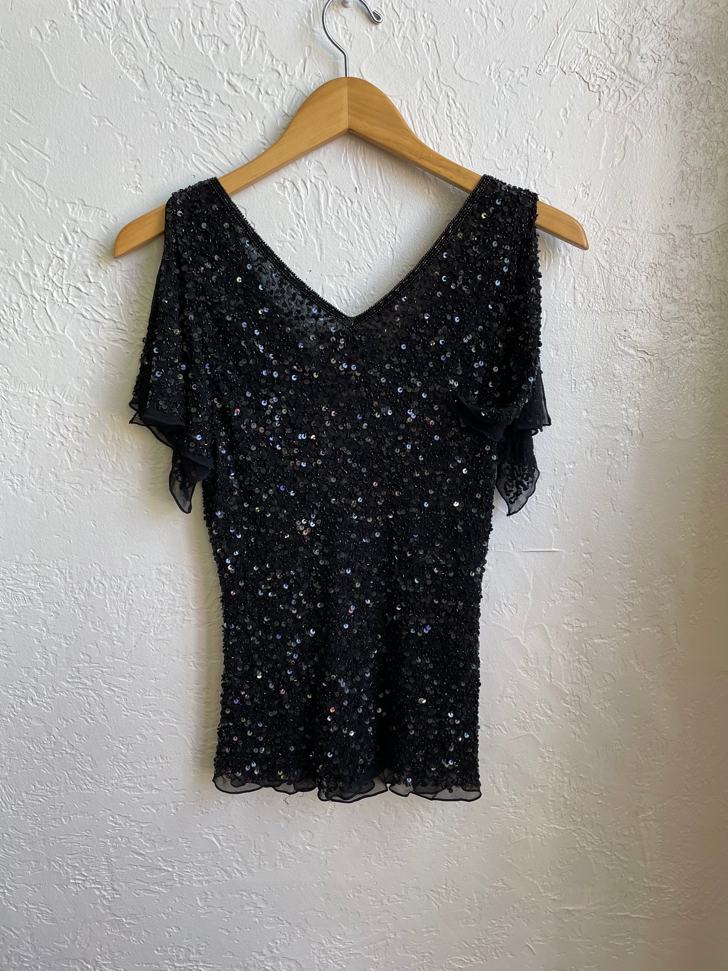 Black Sequenced Sleeveless Shirt | Medium