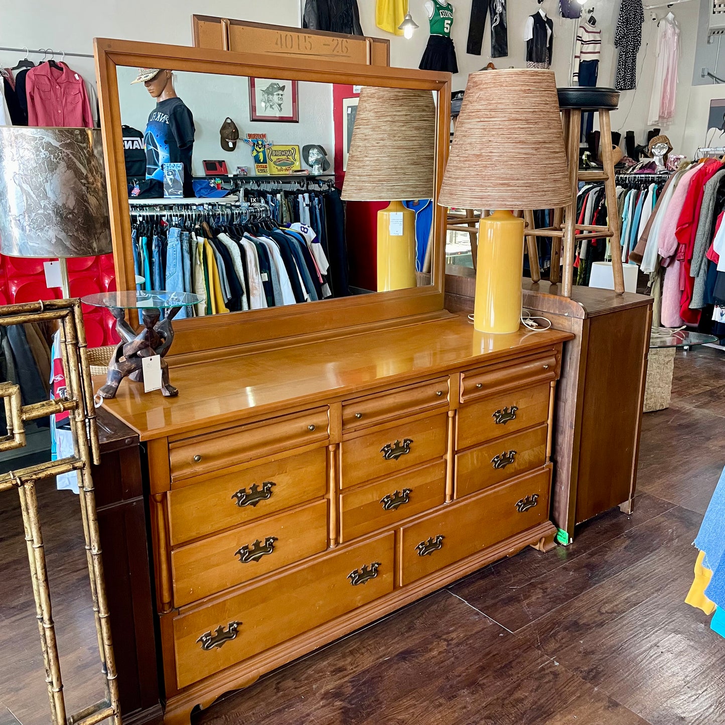 90s Maple Wood 11 Drawer Dresser with Mirror