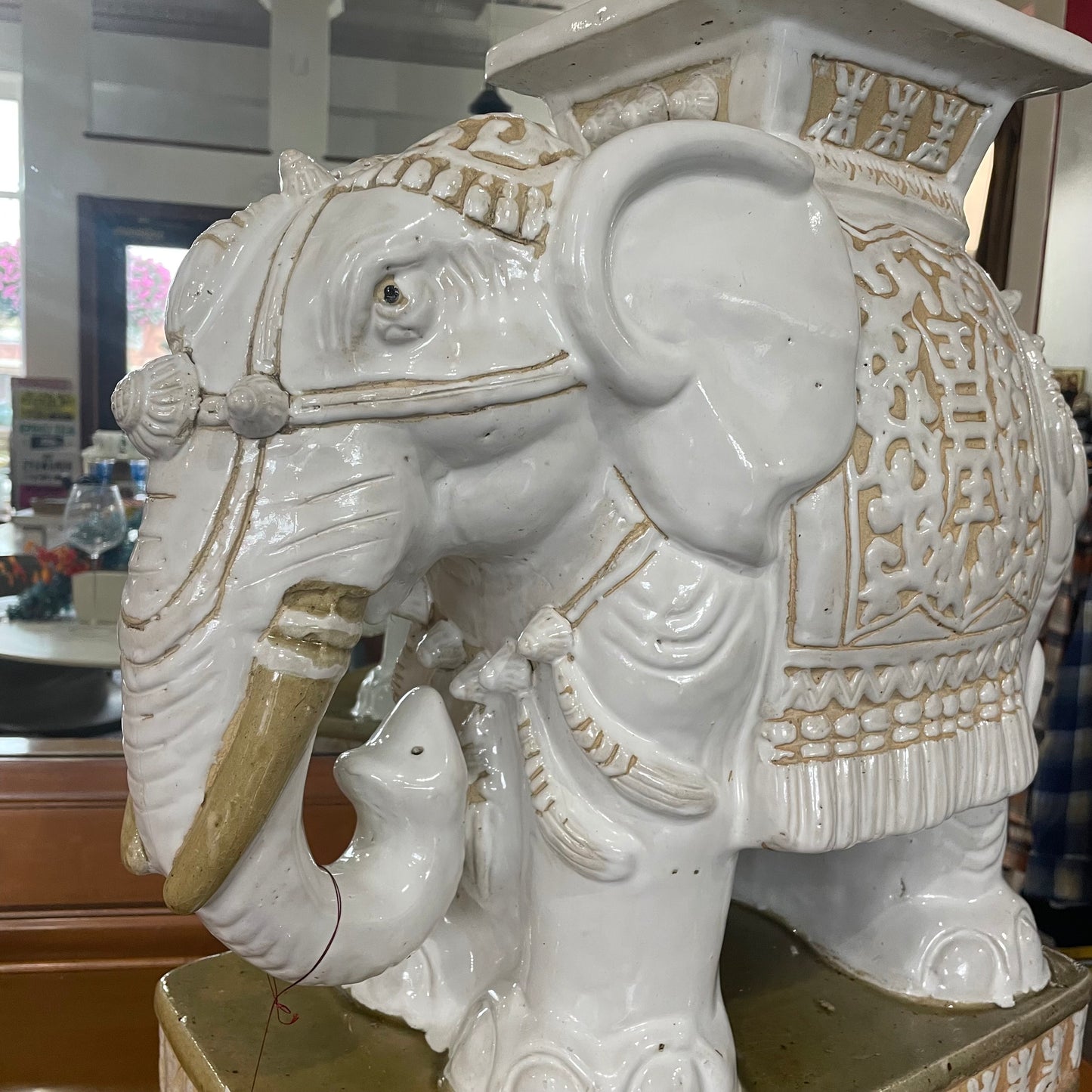 White & Gold Ceramic Elephant Garden Side Table