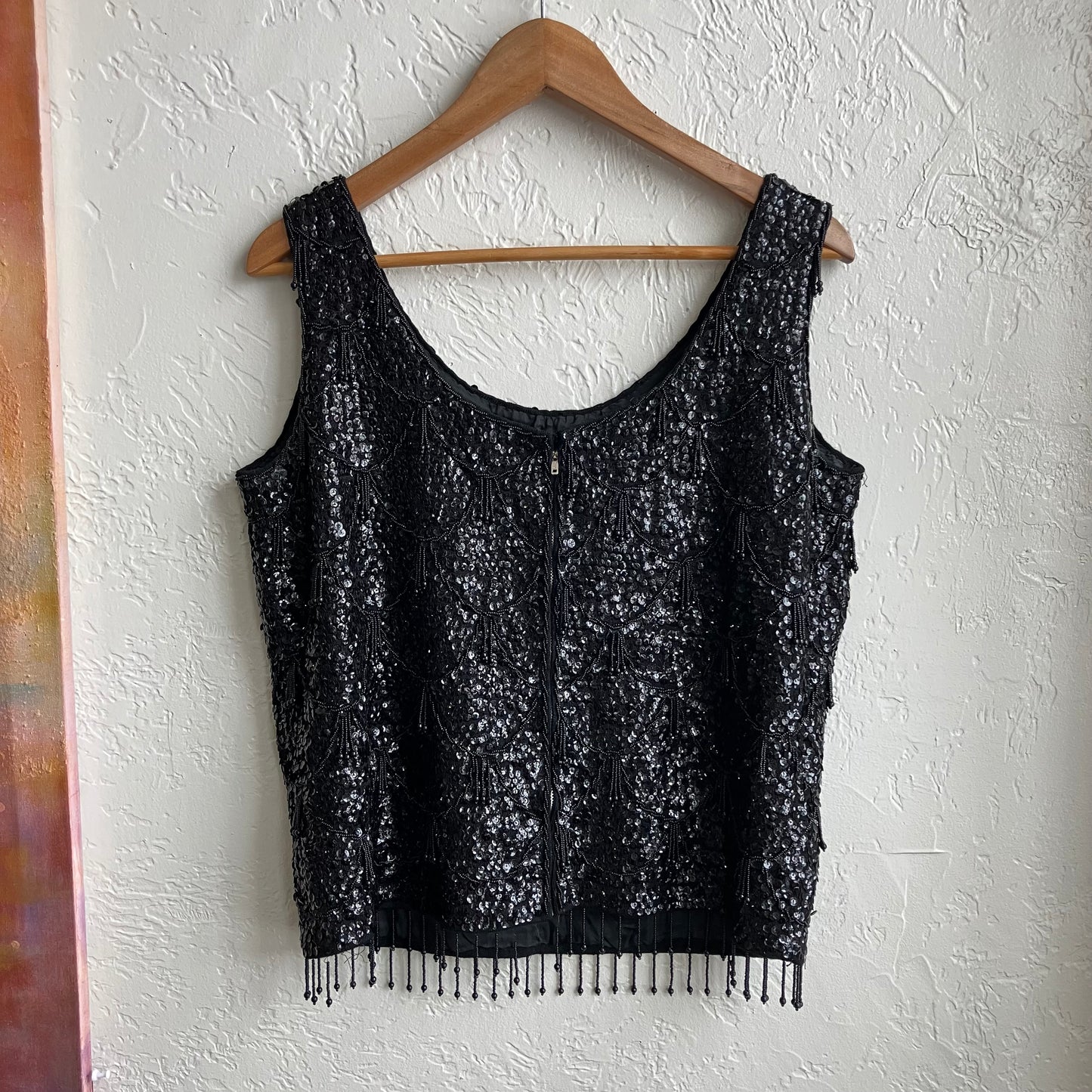 Black Beaded Wool Sequined Fringe Top | Large