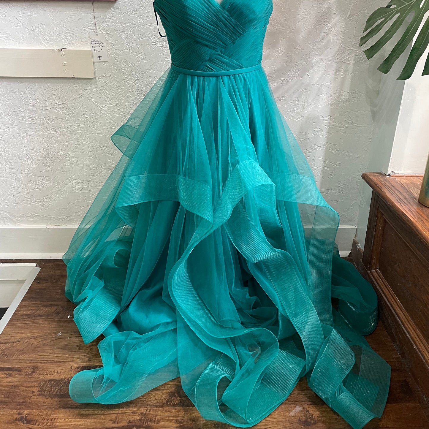Basix Black Label Strapless Flounce Tulle Gown in Jade | Size 0