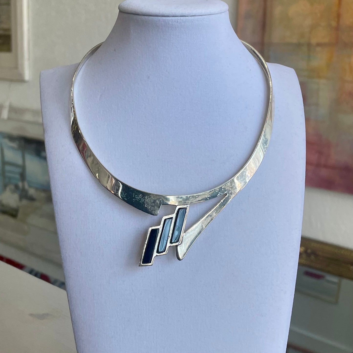 Onyx and Sterling Silver 1980’s Collar Necklace .925 Taxco TG-21