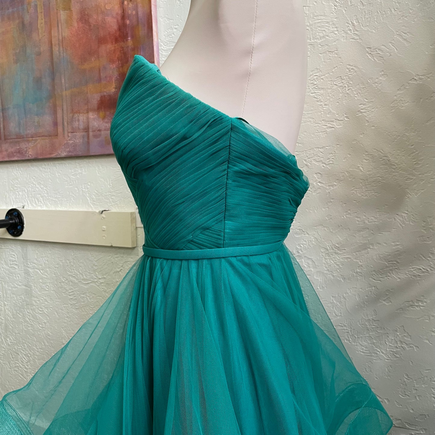 Basix Black Label Strapless Flounce Tulle Gown in Jade | Size 0