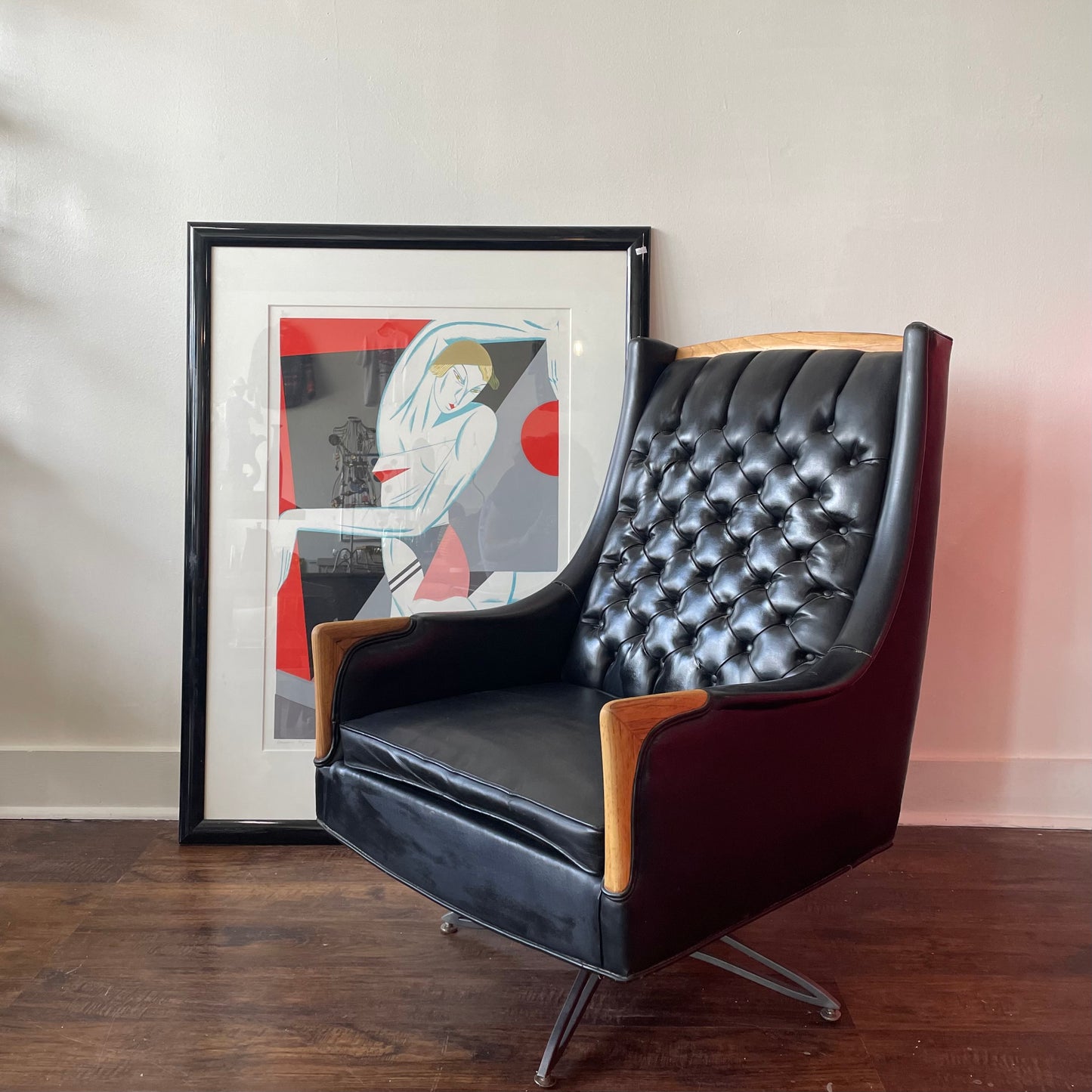 Kroehler Mid-Century Modern Tufted Black Swivel Lounge Chair