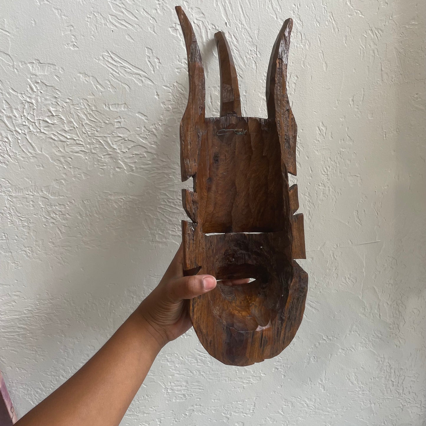 Hand Carved Horned African Tribal Mask Ivory Inlay Wall Hanging