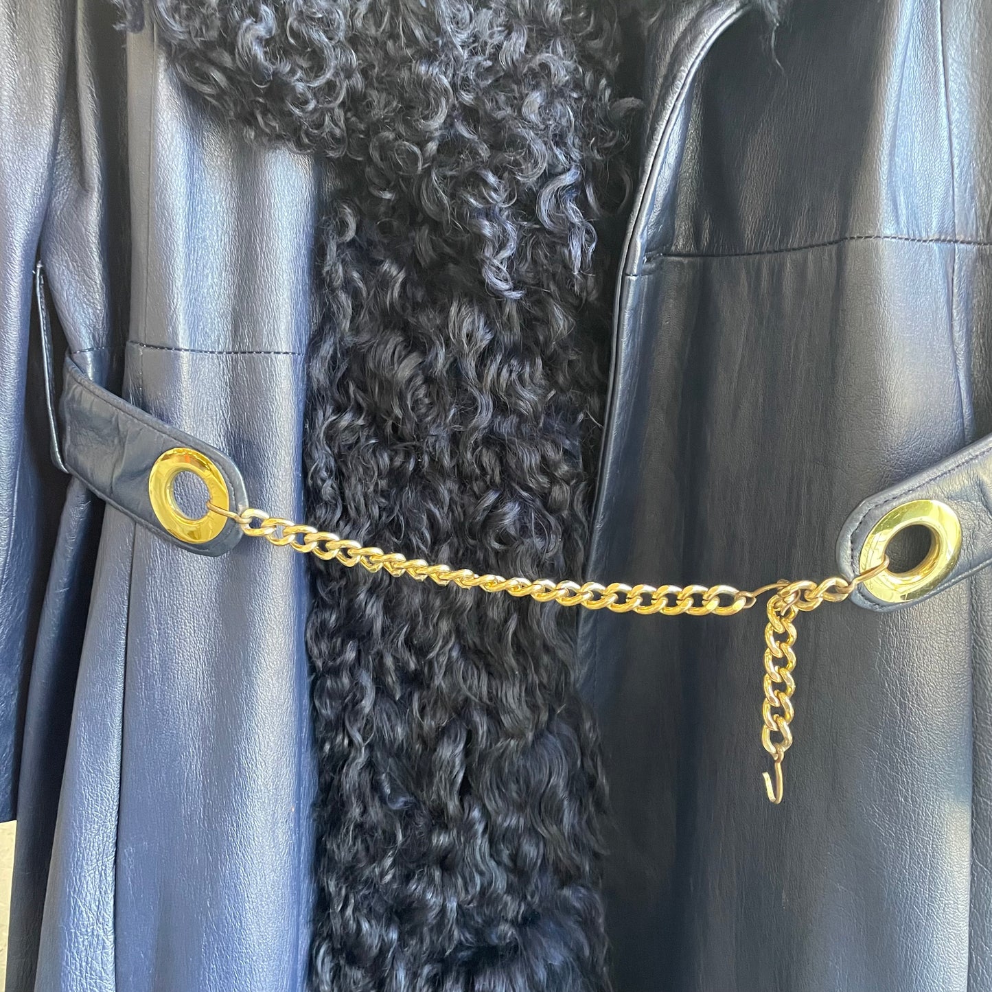 Curly Lamb Blue Leather Trench | 12/Large