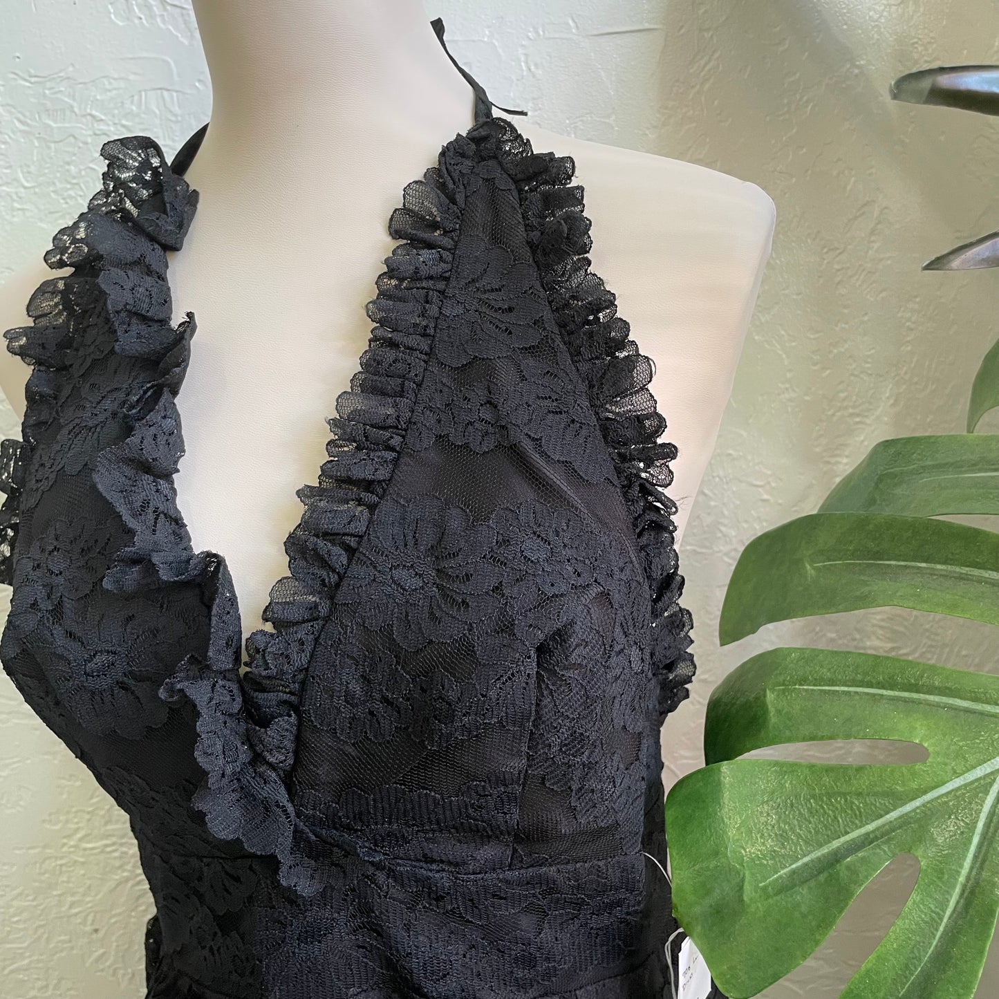 1970s Black Lace Halter Dress