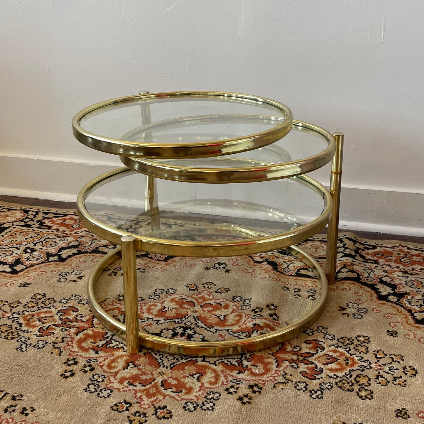 3 Tier Brass Plated Swivel Coffee Table 1980s