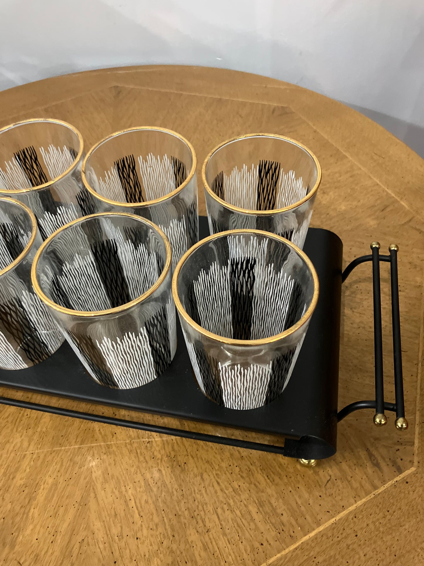 Set of 8 Vintage Black & White Tumbler Glasses in Black Metal Caddy with Gold Accents