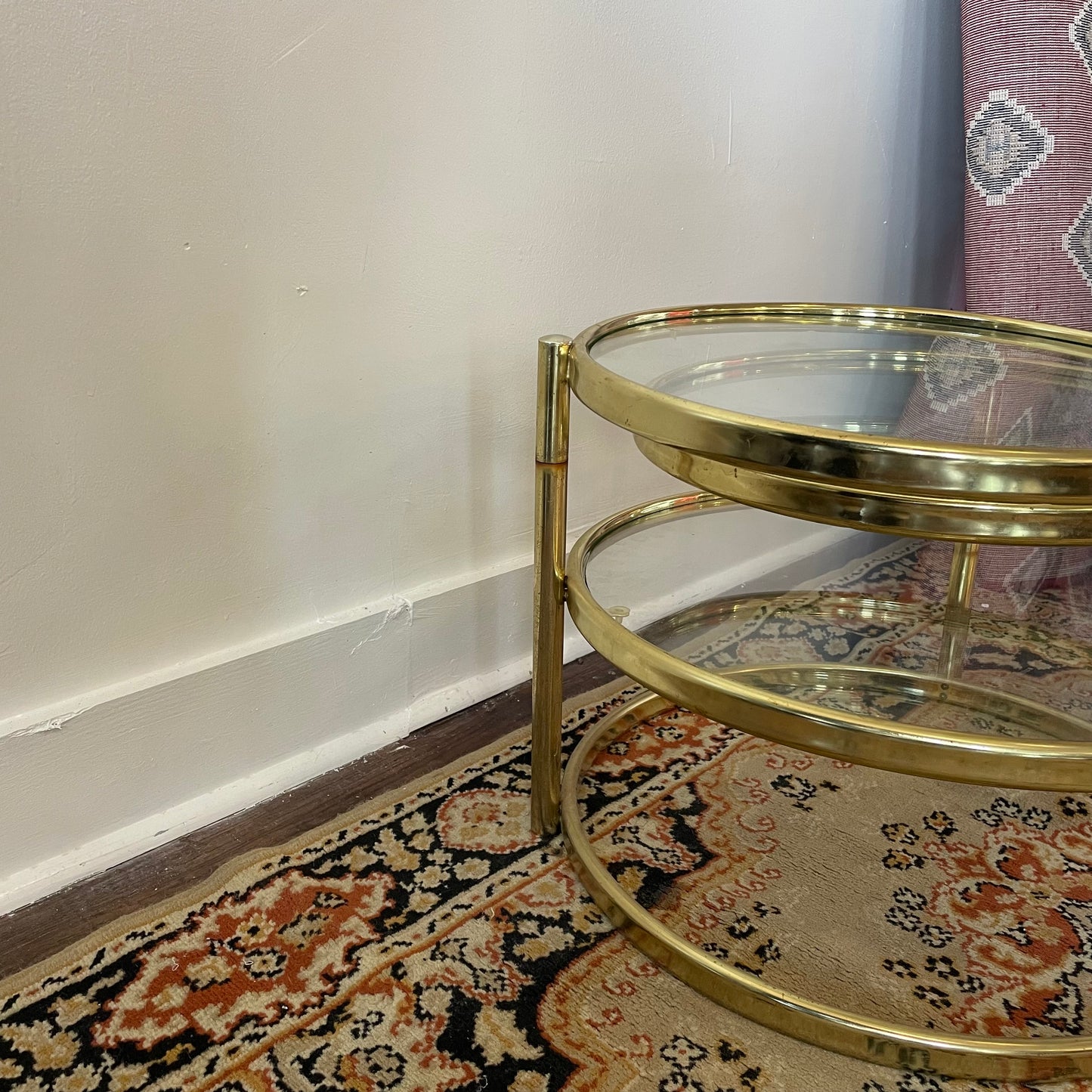 3 Tier Brass Plated Swivel Coffee Table 1980s
