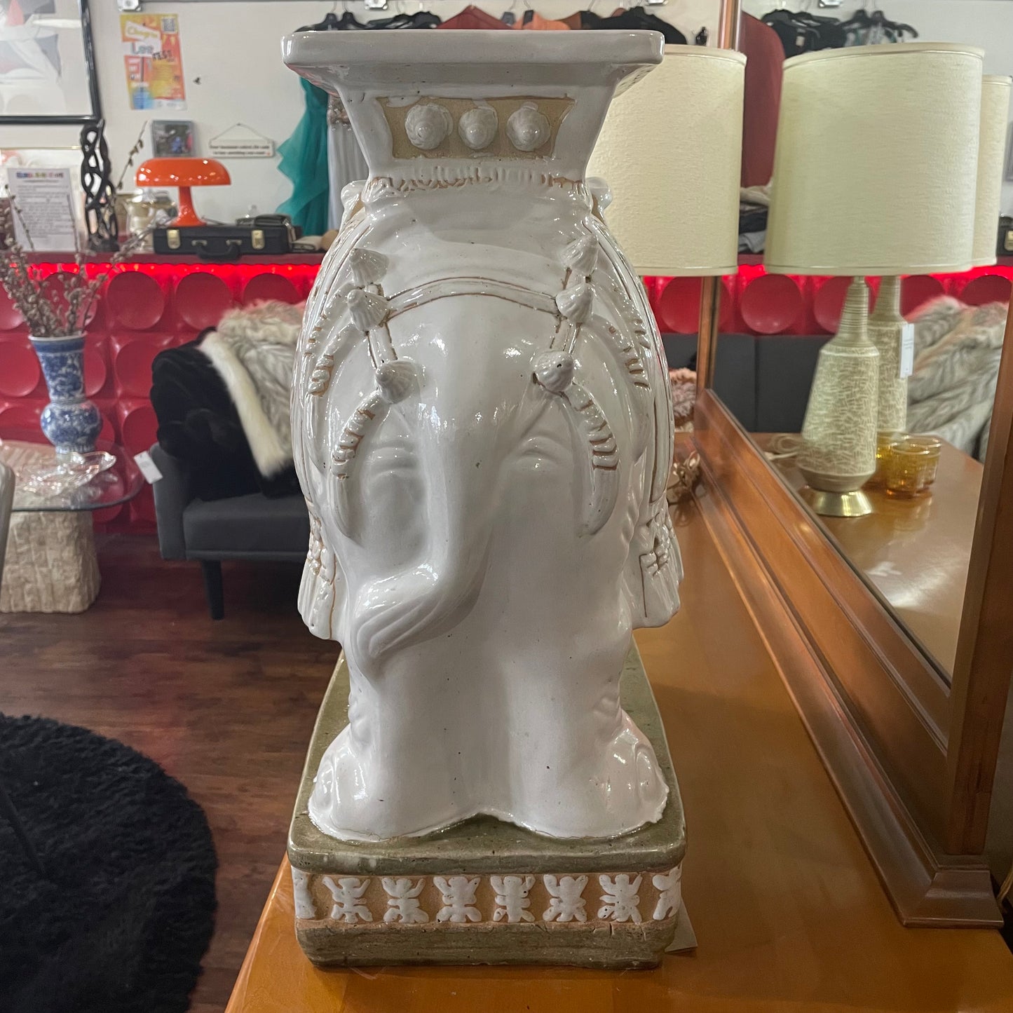 White & Gold Ceramic Elephant Garden Side Table