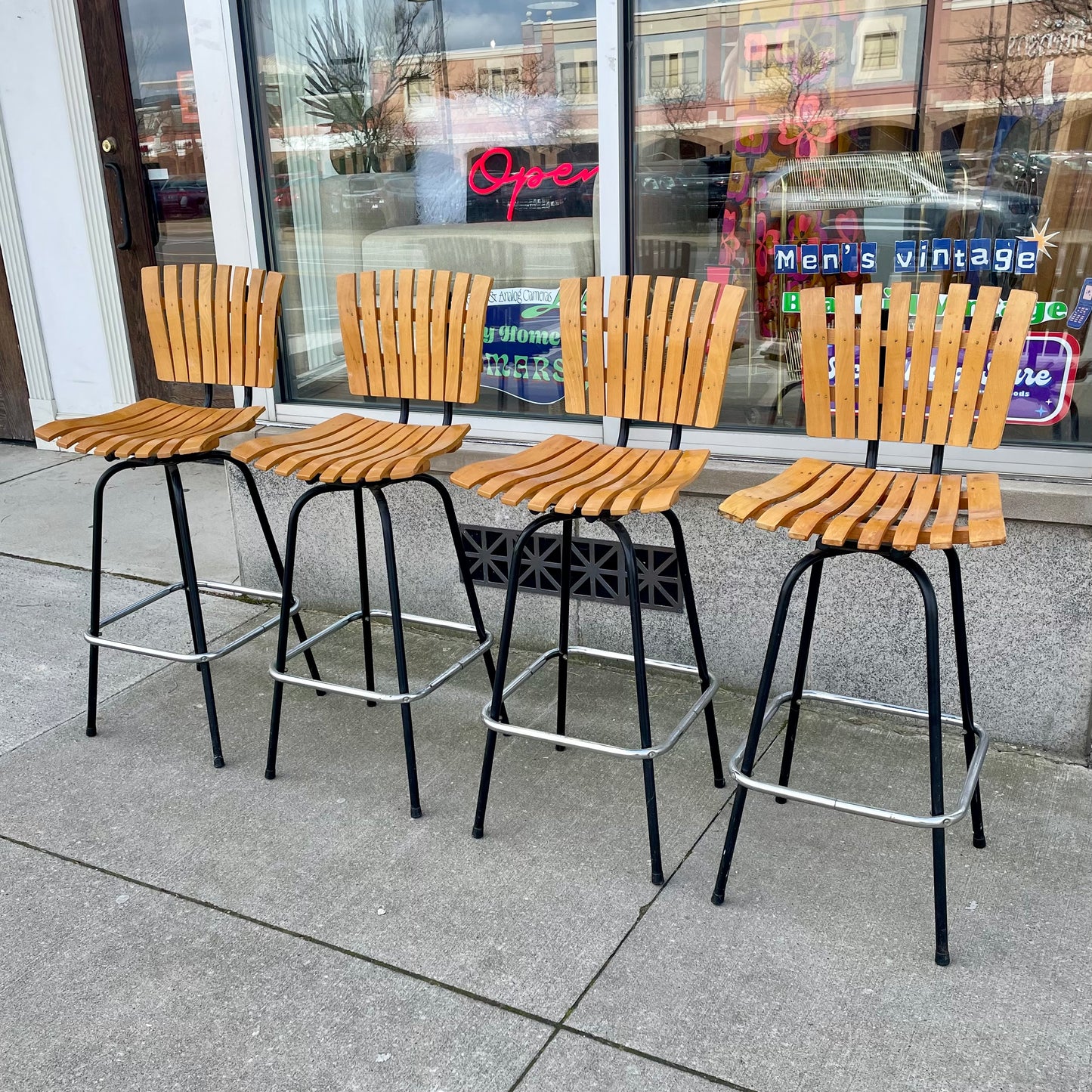Arthur Umanoff Style Slat Barstools Set of 4 1960s