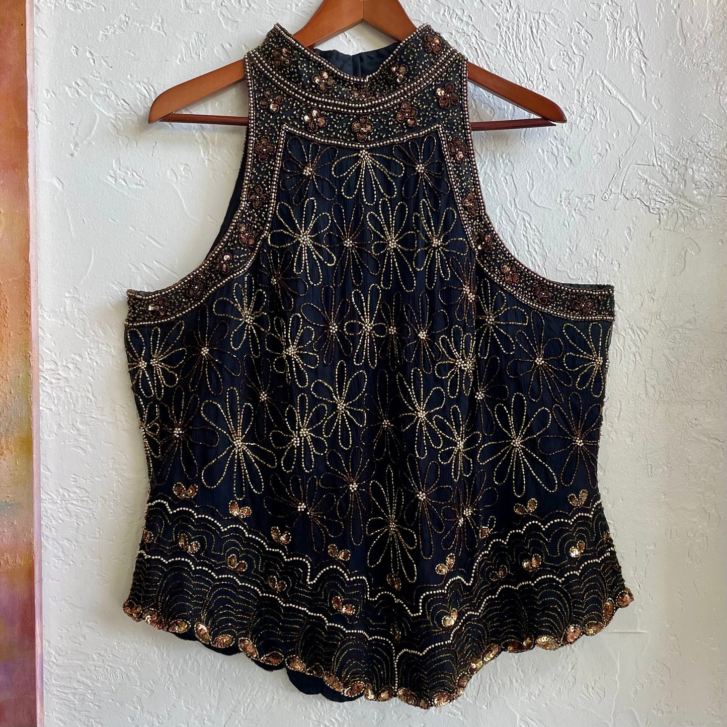 Adrianna Papell 100% Silk Beaded Halter Top | 2X