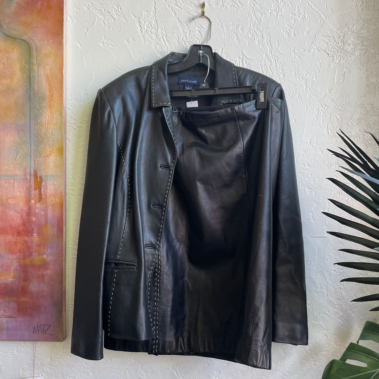 Black Leather White Lining Jacket And Skirt Set | Large - Size 10
