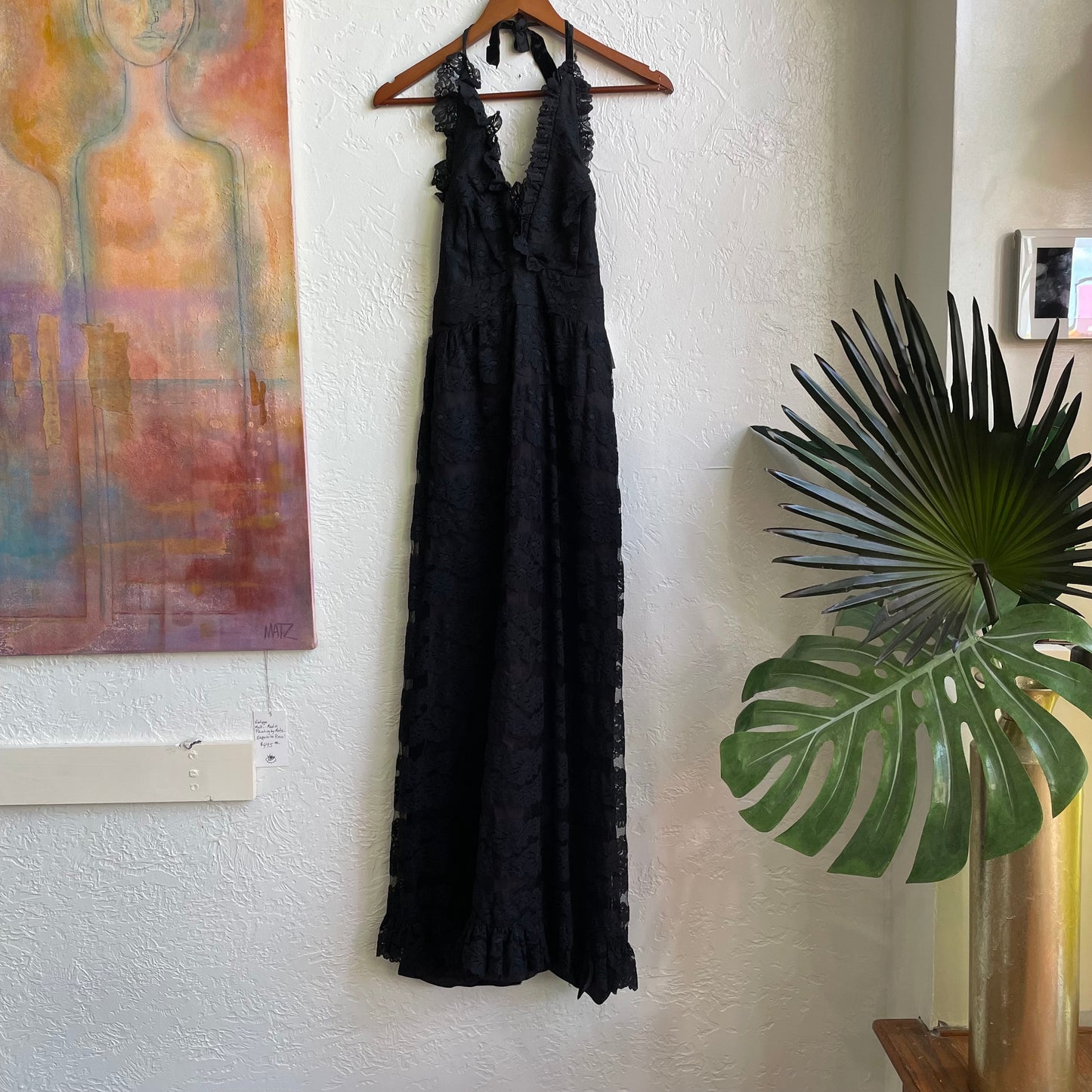 1970s Black Lace Halter Dress