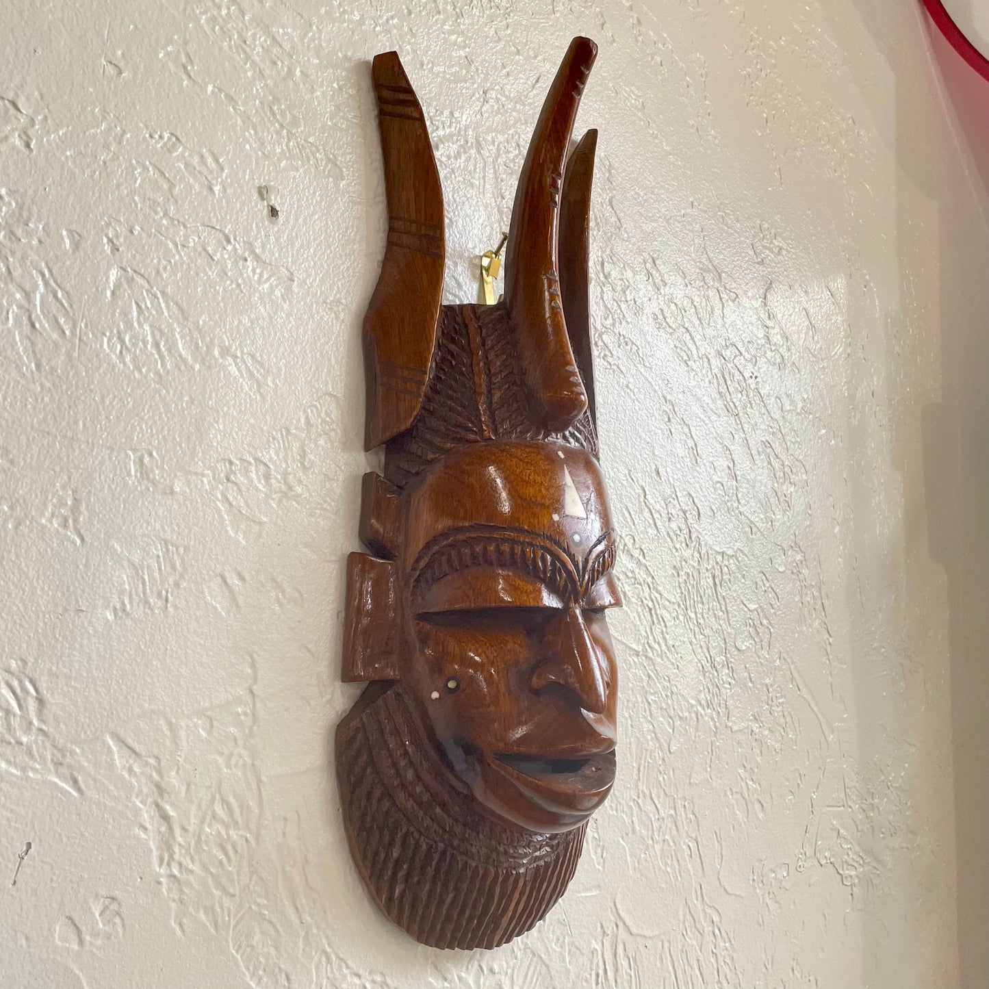 Hand Carved Horned African Tribal Mask Ivory Inlay Wall Hanging