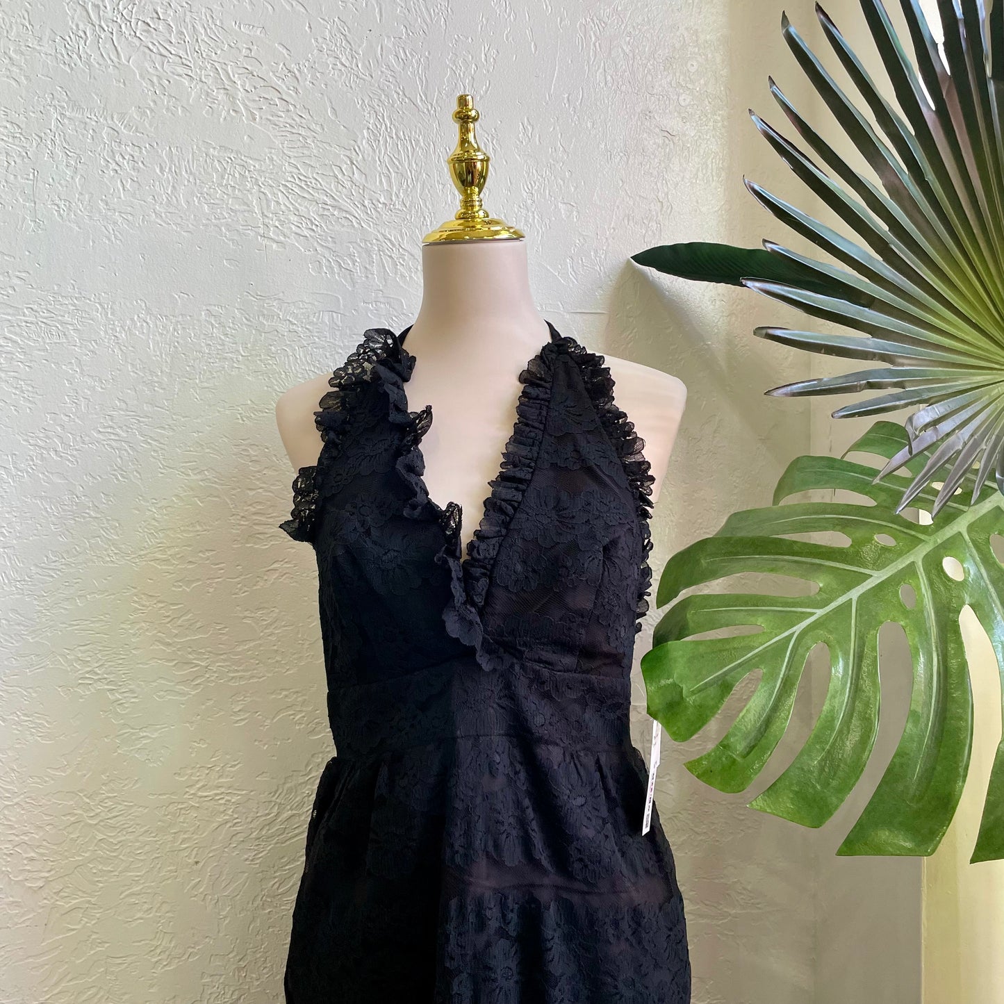1970s Black Lace Halter Dress