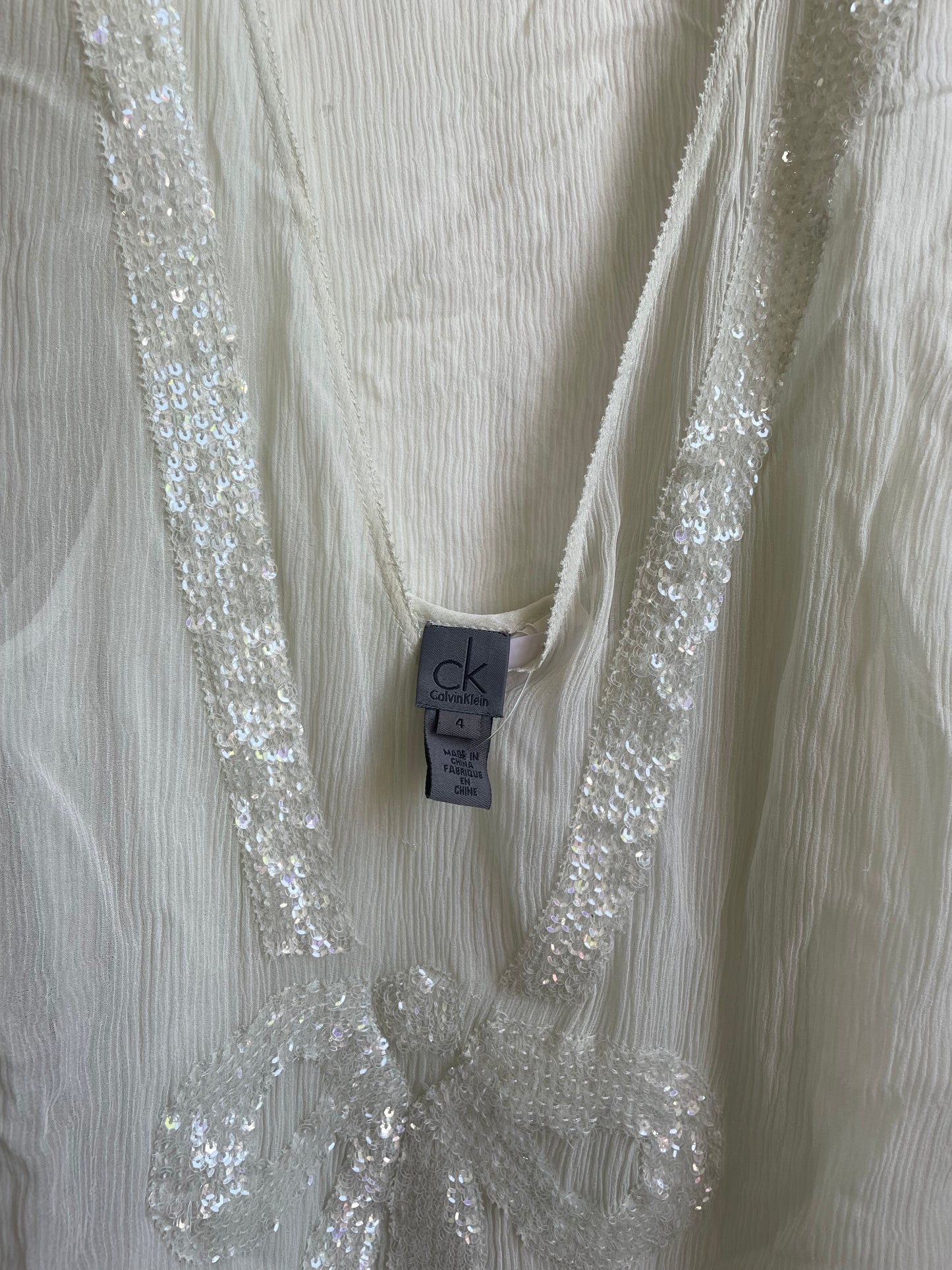 Aqua Colored Silk Sleeveless Calvin Klein Sequence Bow Shirt | Small