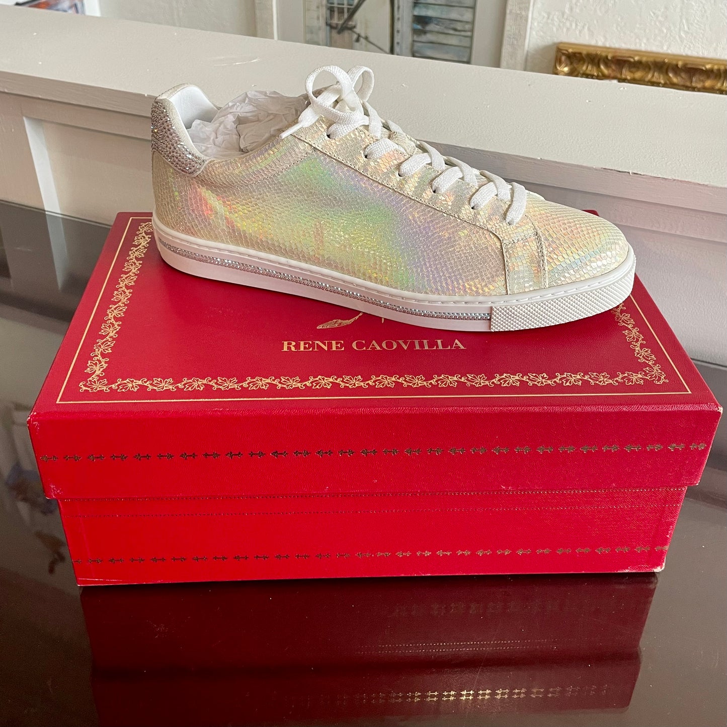 Rene Caovilla Xtra Jeweled Sneakers Croc with Iridescent Pearl | Size 40/9