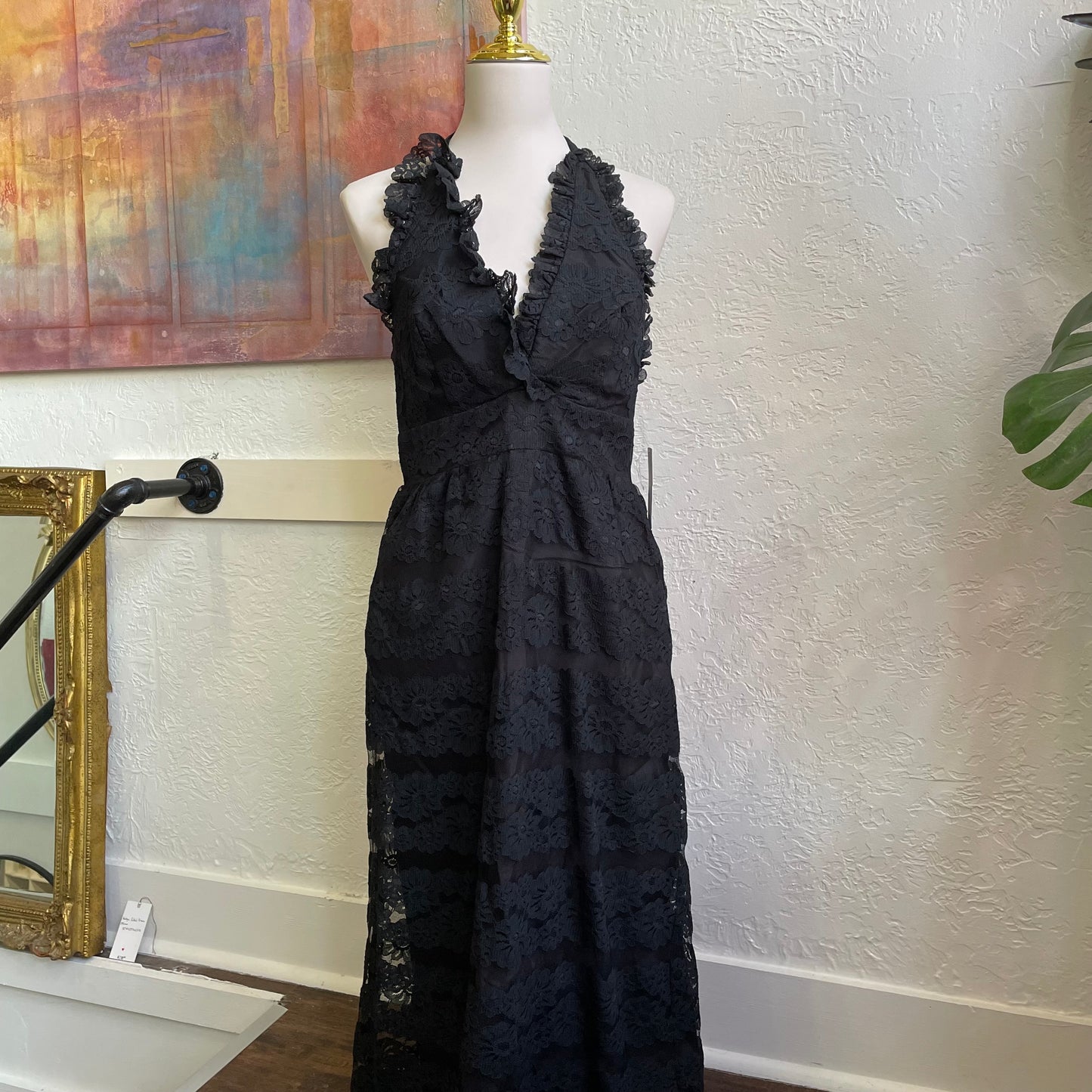 1970s Black Lace Halter Dress