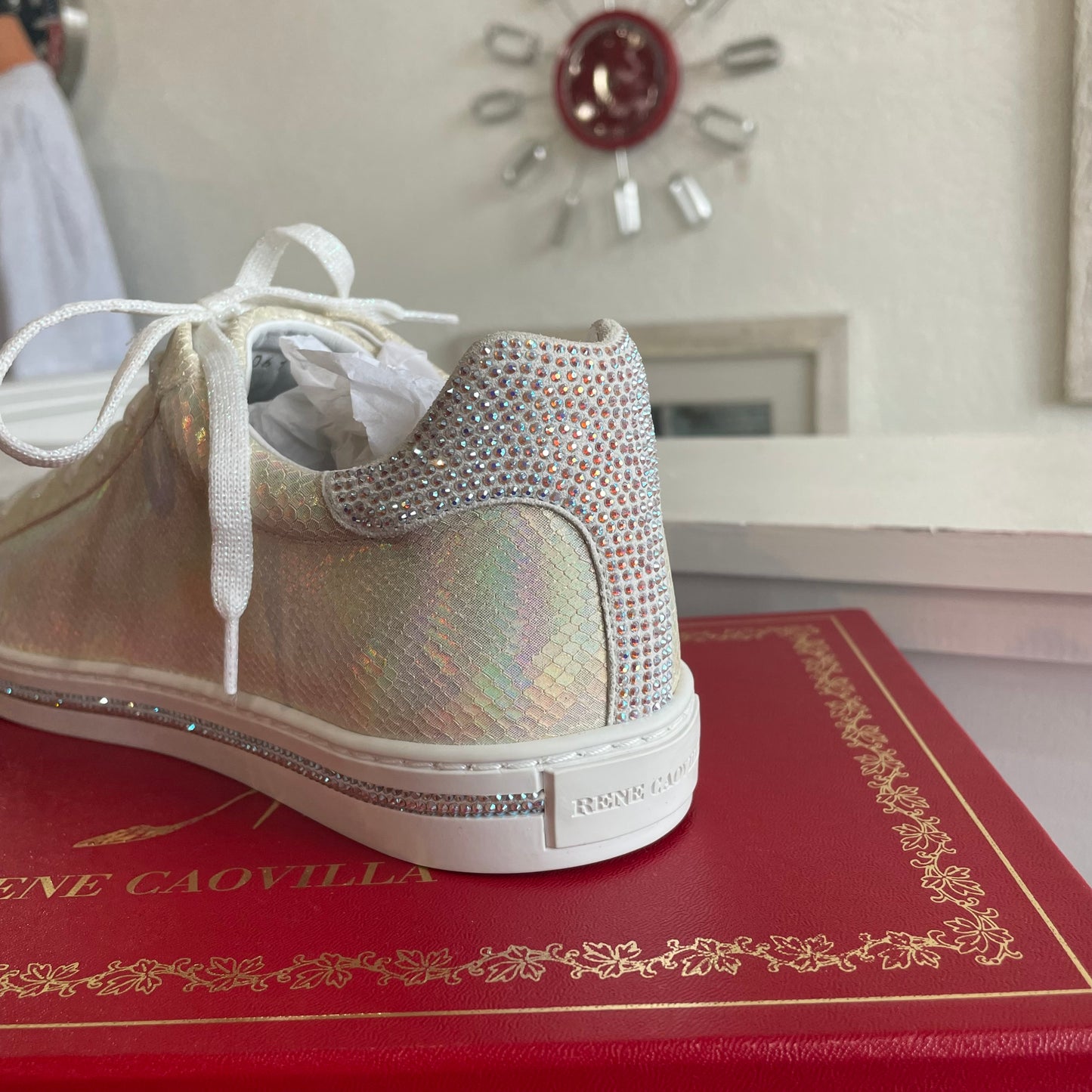 Rene Caovilla Xtra Jeweled Sneakers Croc with Iridescent Pearl | Size 40/9