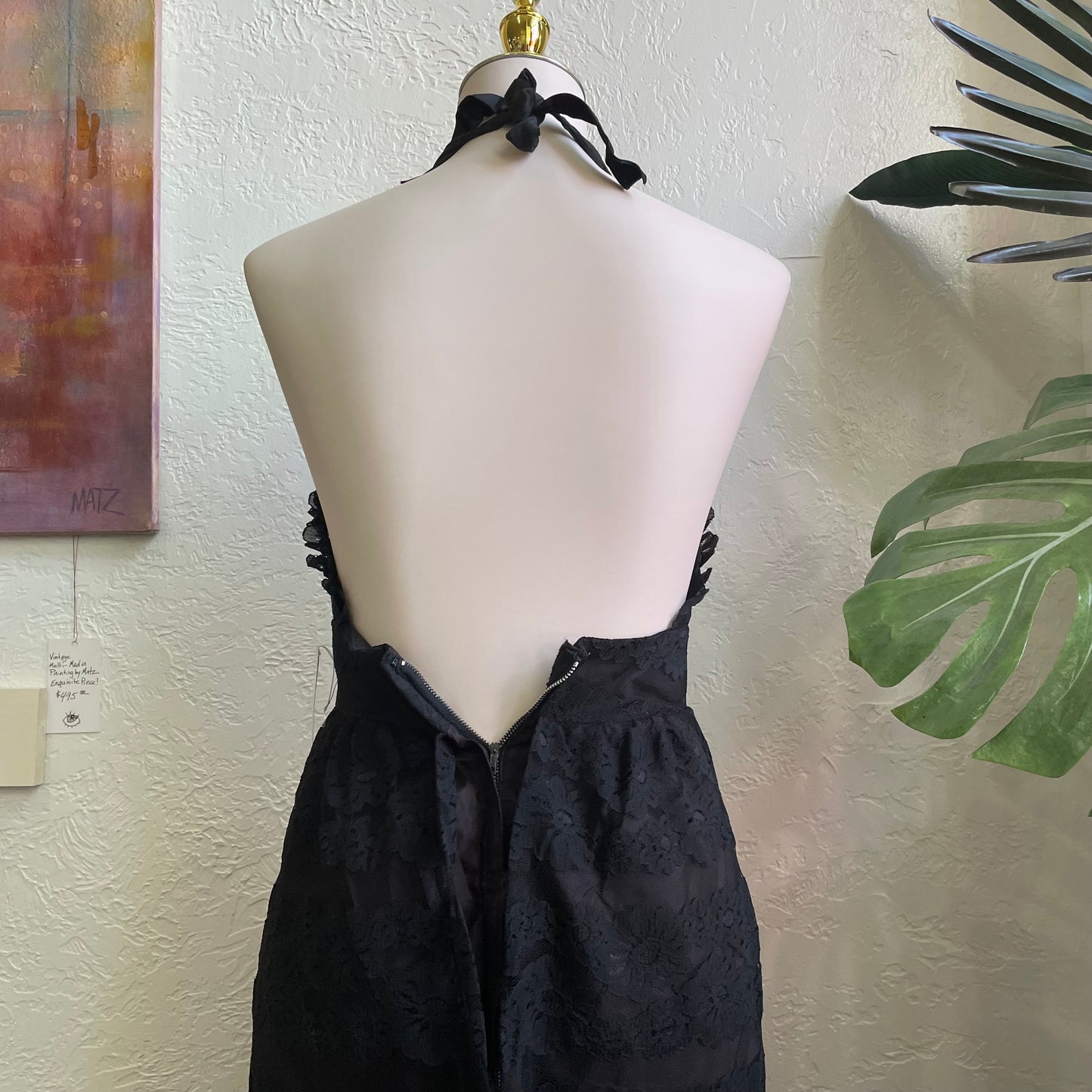 1970s Black Lace Halter Dress