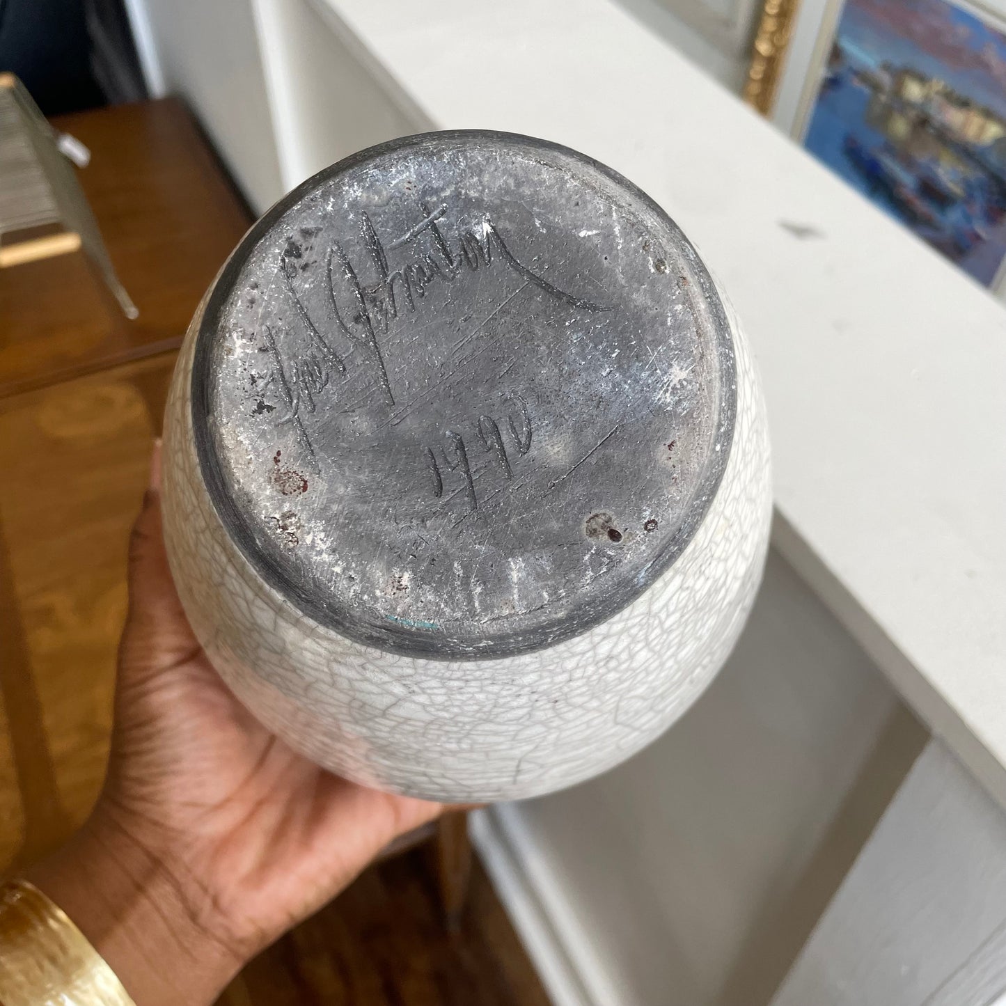 Raku Crackle Glaze Vase Signed 12" 1990