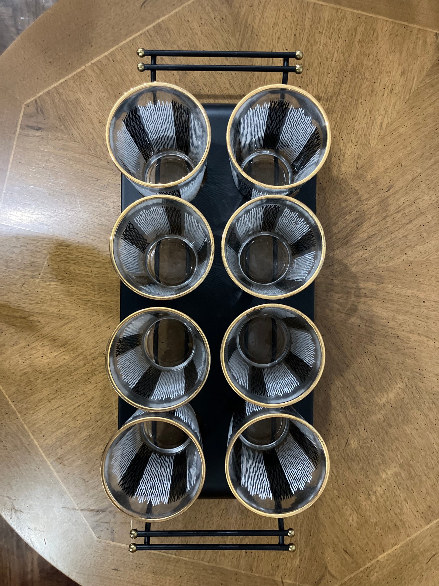 Set of 8 Vintage Black & White Tumbler Glasses in Black Metal Caddy with Gold Accents