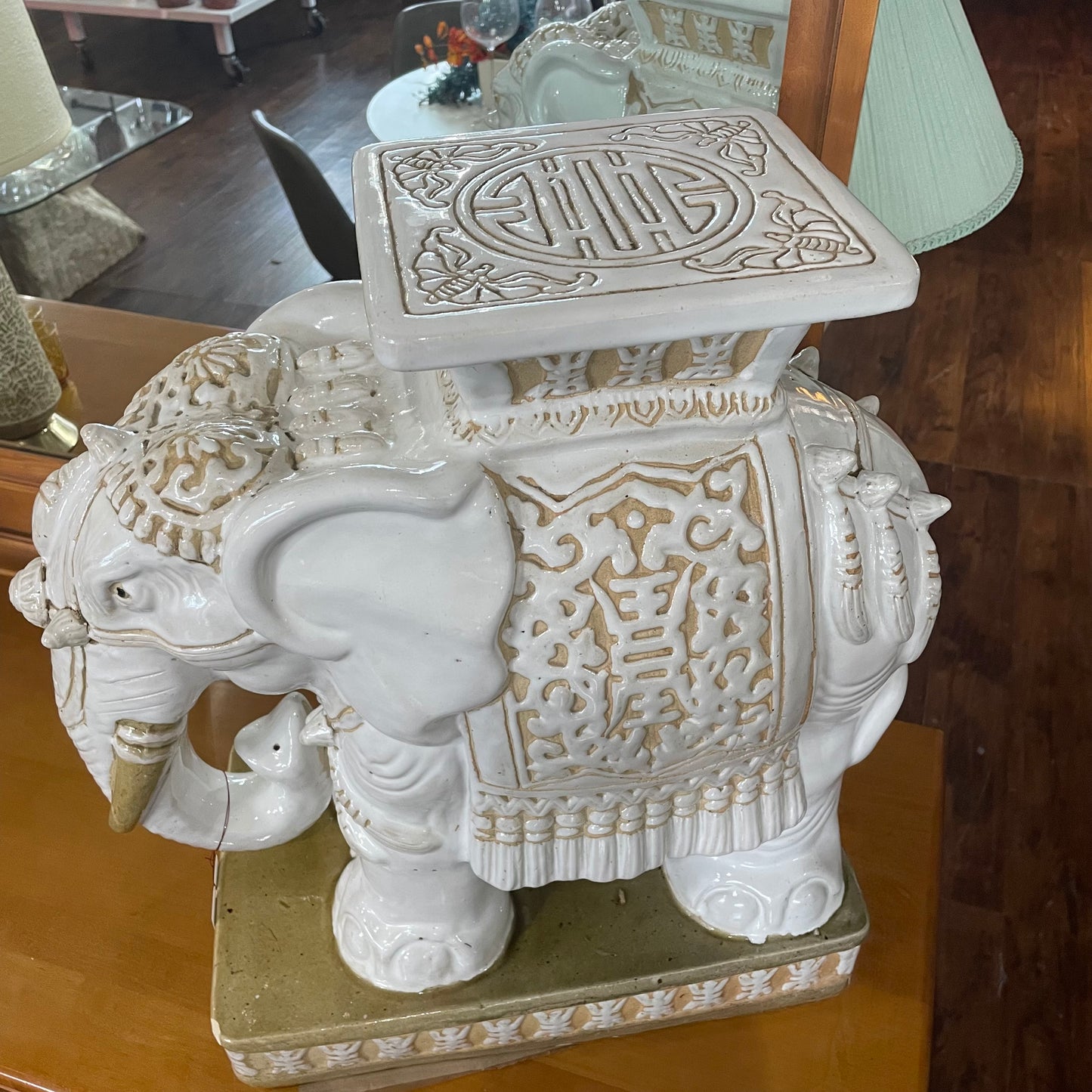 White & Gold Ceramic Elephant Garden Side Table