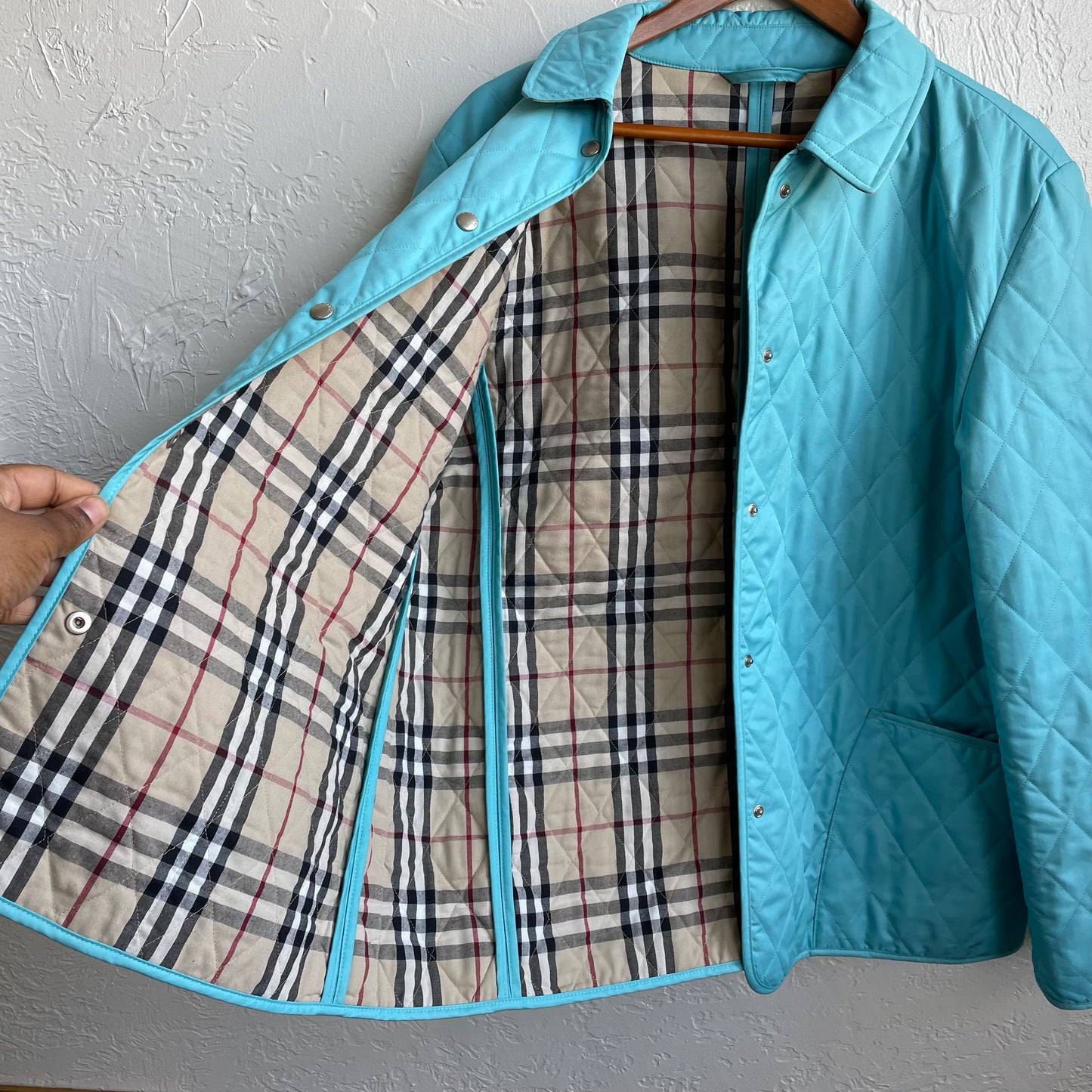 BURBERRY Quilted Jacket In Turquoise Nova Check Snap Close | Women’s Size Large