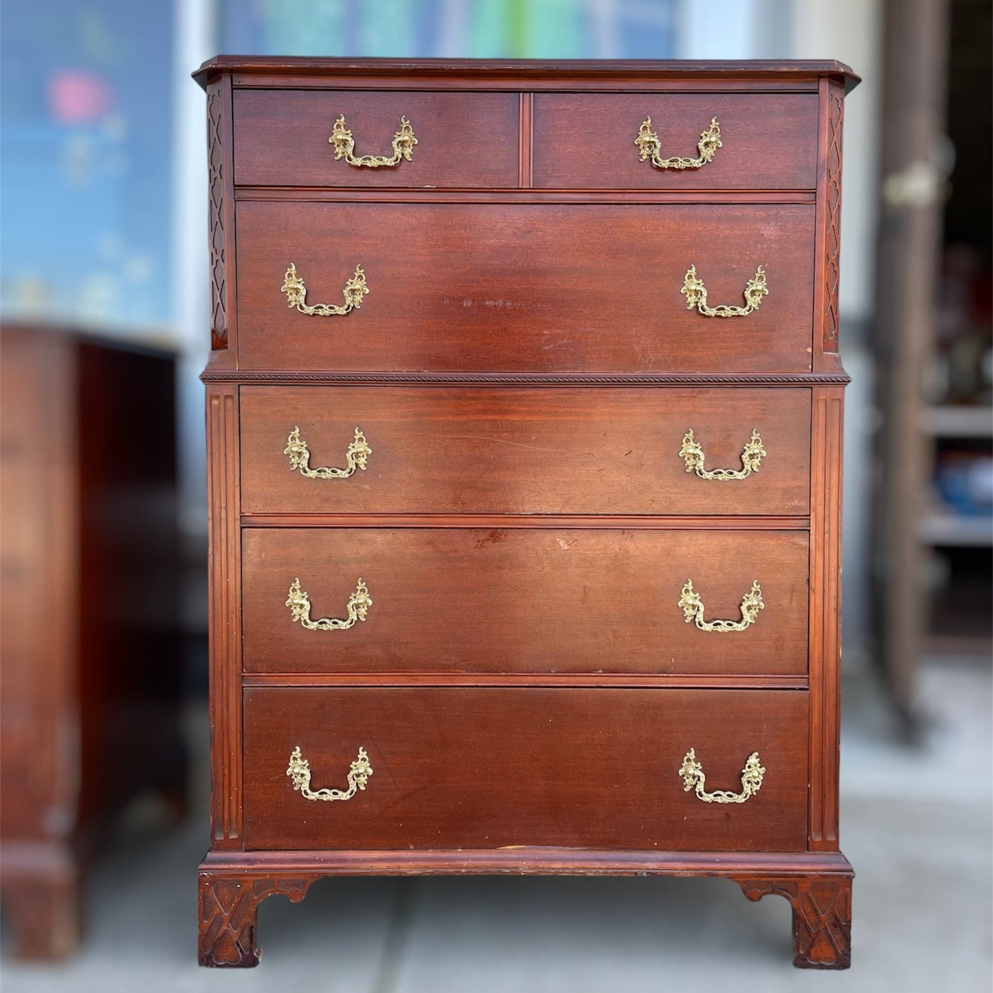 1960s Drexel Highboy Dresser with Brass Handles