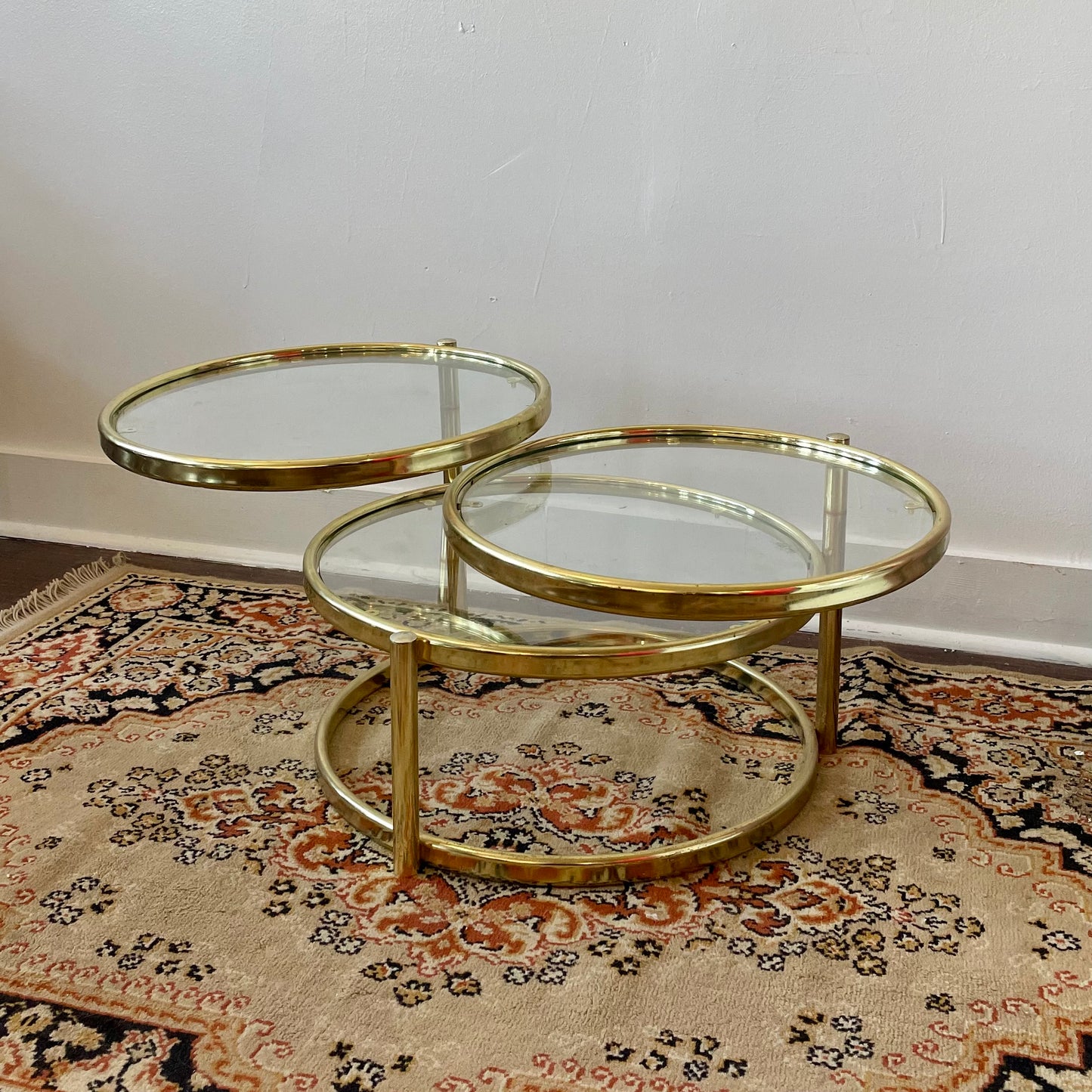 3 Tier Brass Plated Swivel Coffee Table 1980s