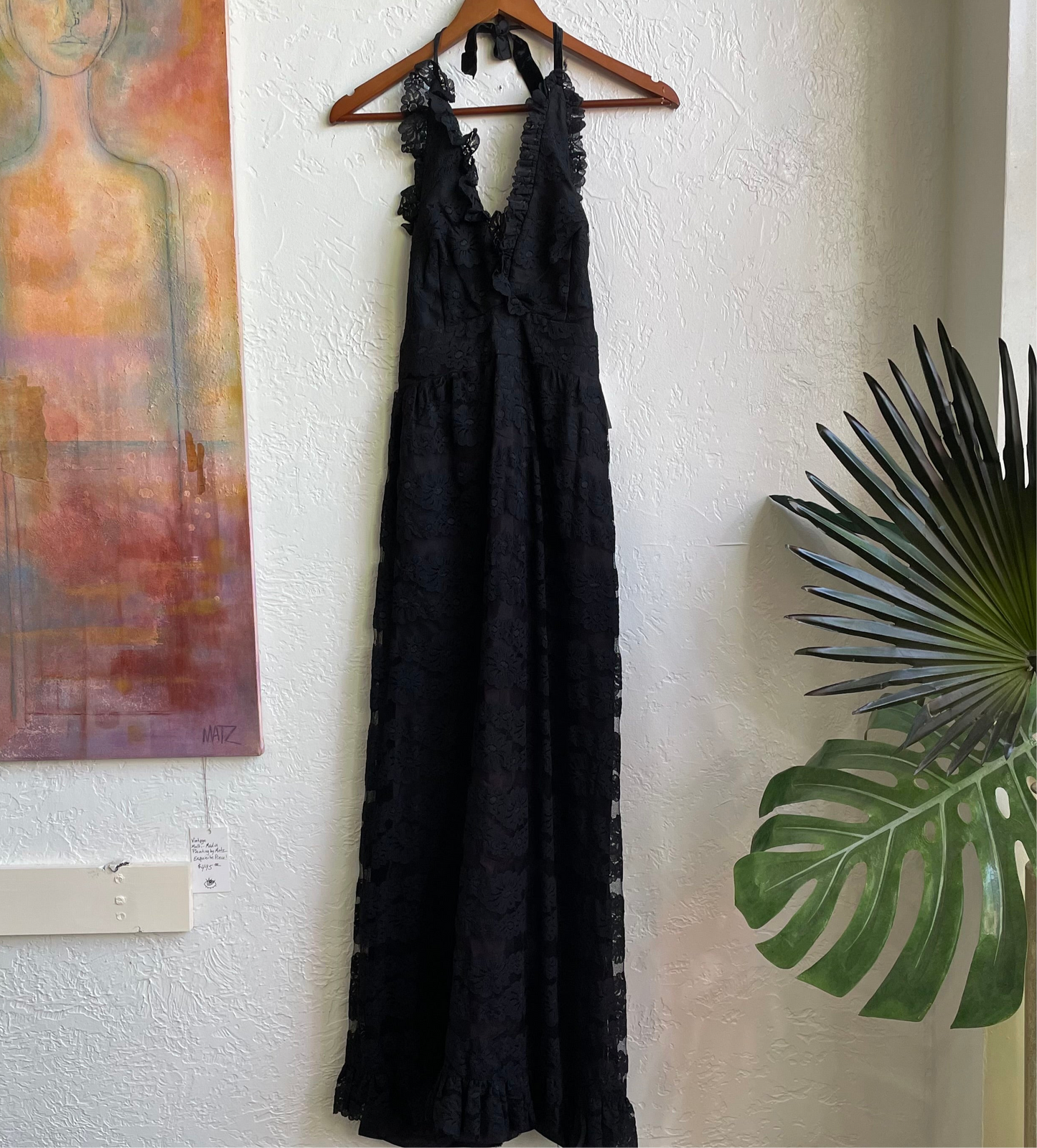 1970s Black Lace Halter Dress