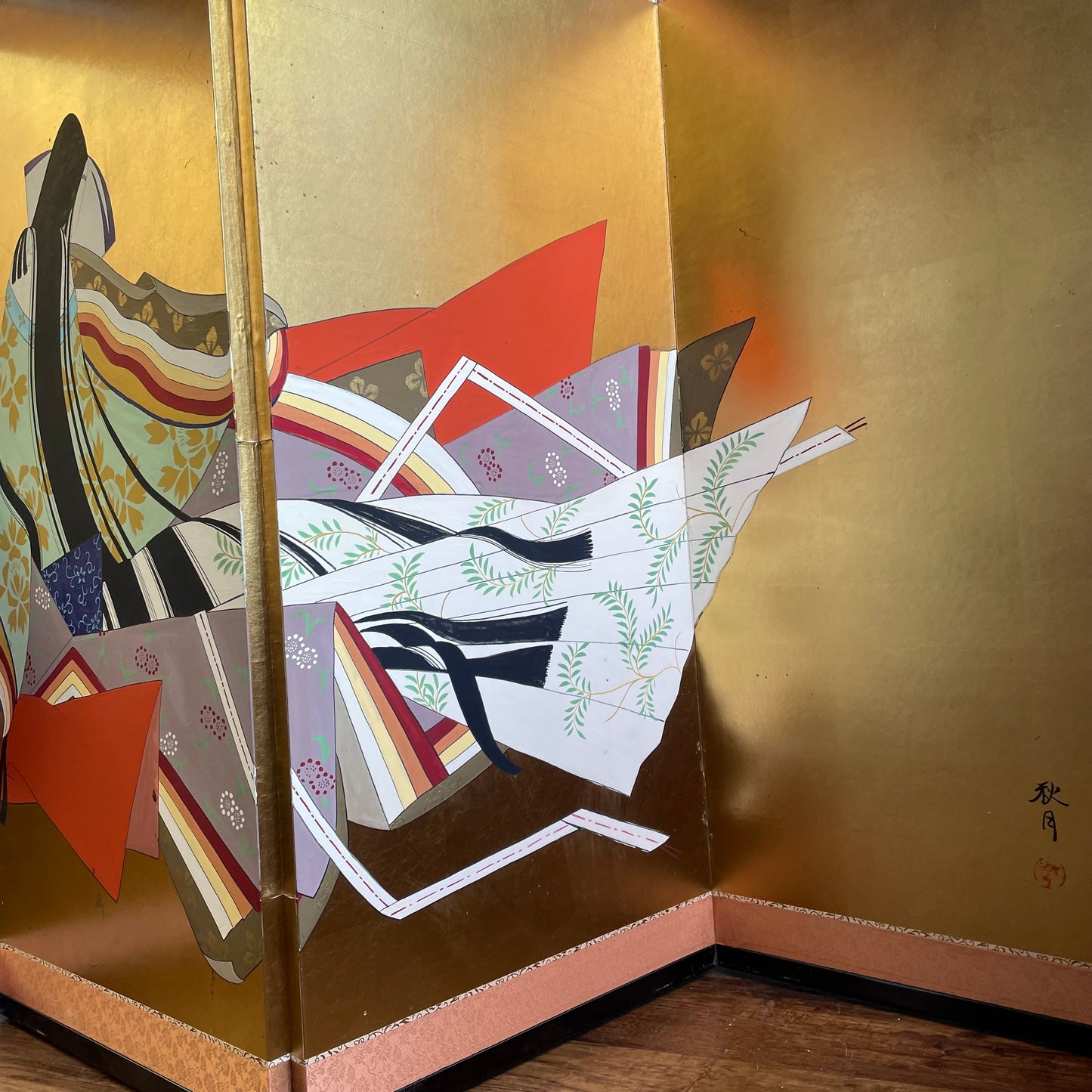 Japanese 4-Panel Handpainted Folding Screen of Lady Murasaki Shikibu 1940 - 1950's