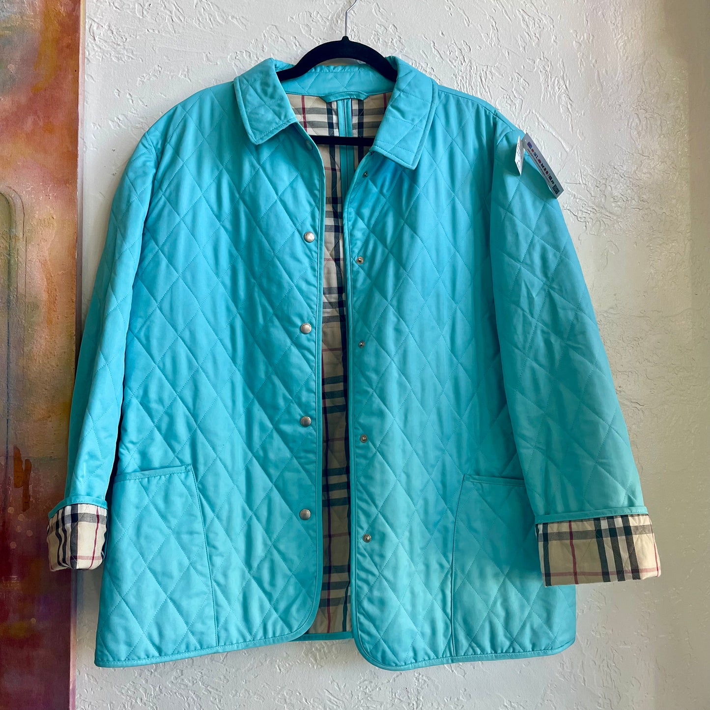 BURBERRY Quilted Jacket In Turquoise Nova Check Snap Close | Women’s Size Large