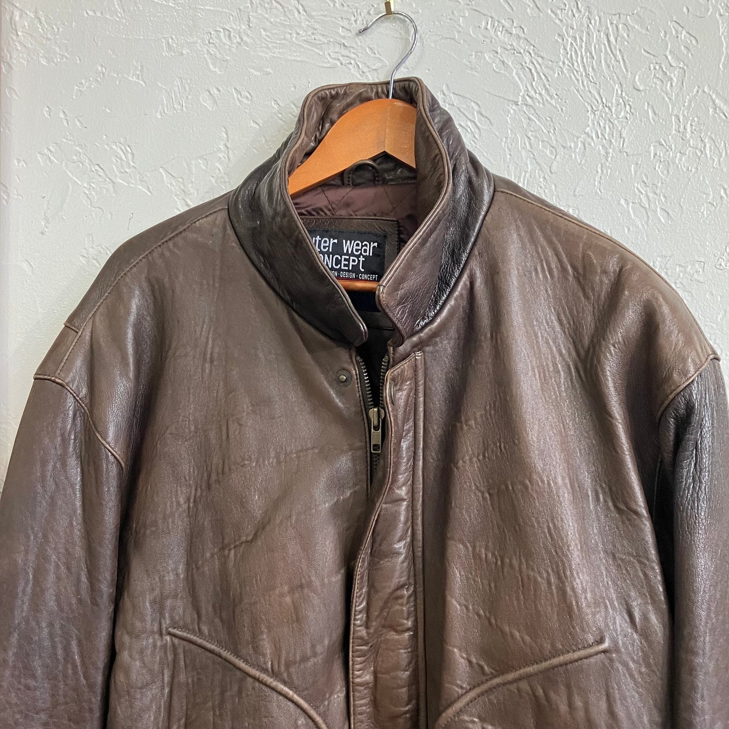 Brown Insulated Leather Bomber Jacket Vintage | Large
