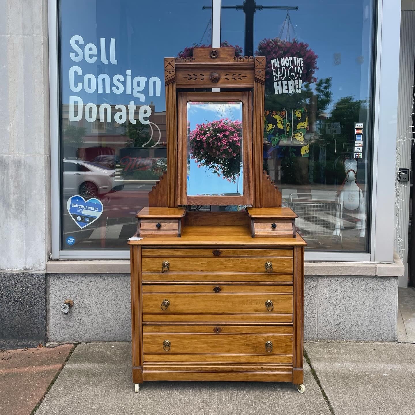 Antique Eastlake Oak Vanity/Chest of Drawers on Wheels