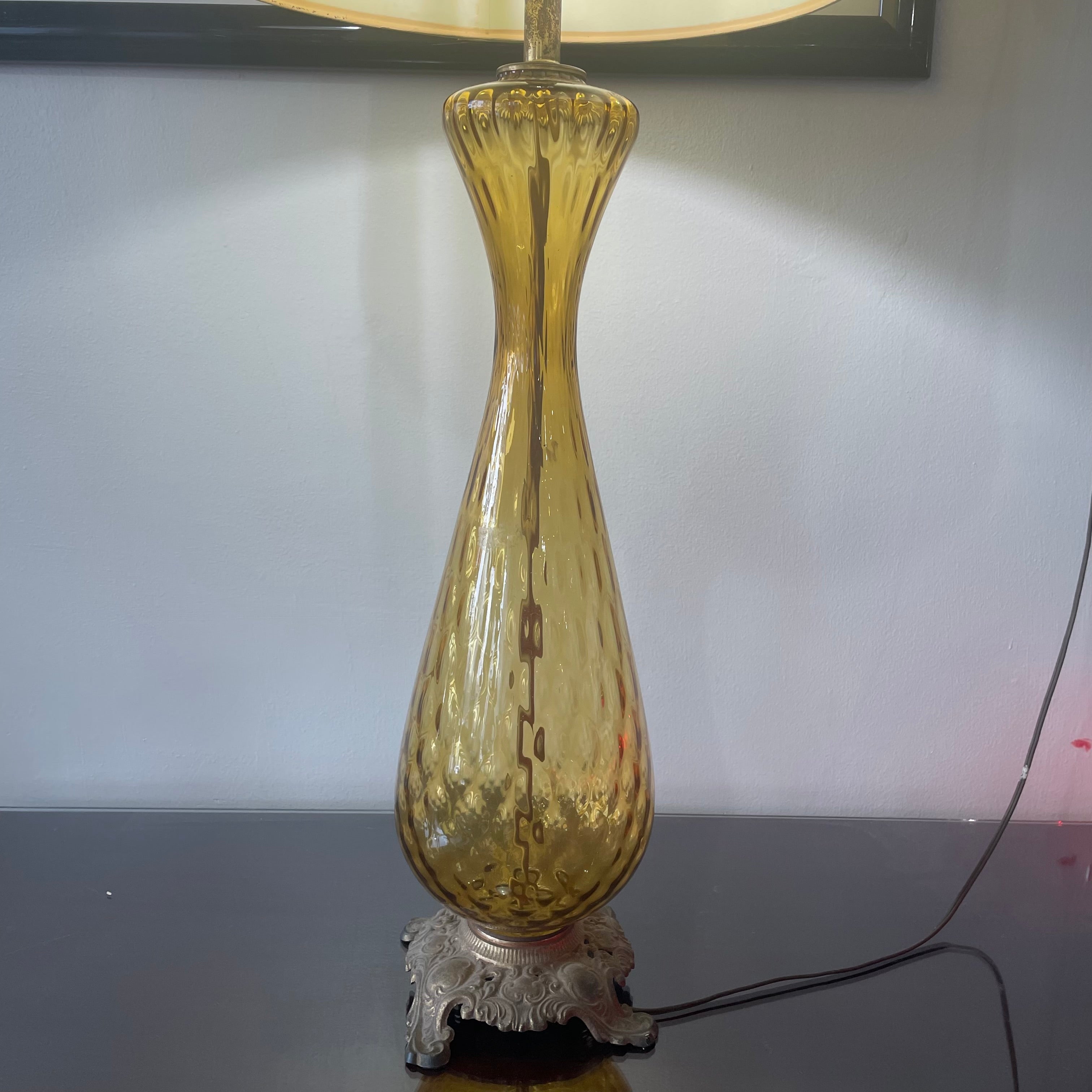 Amber Etched Mid-Century Glass Lamp
