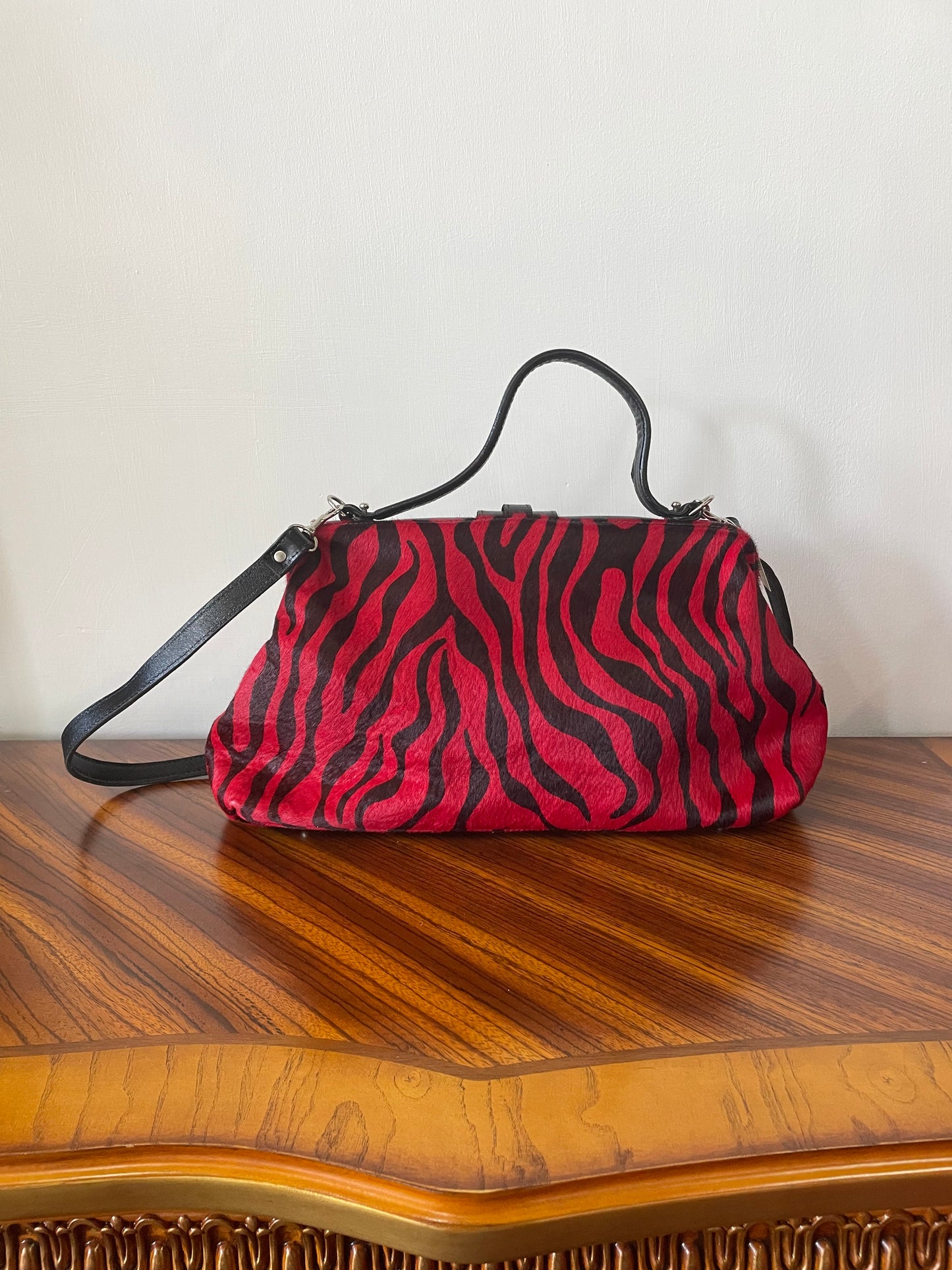 Red and Black Faux Fur Zebra Bag