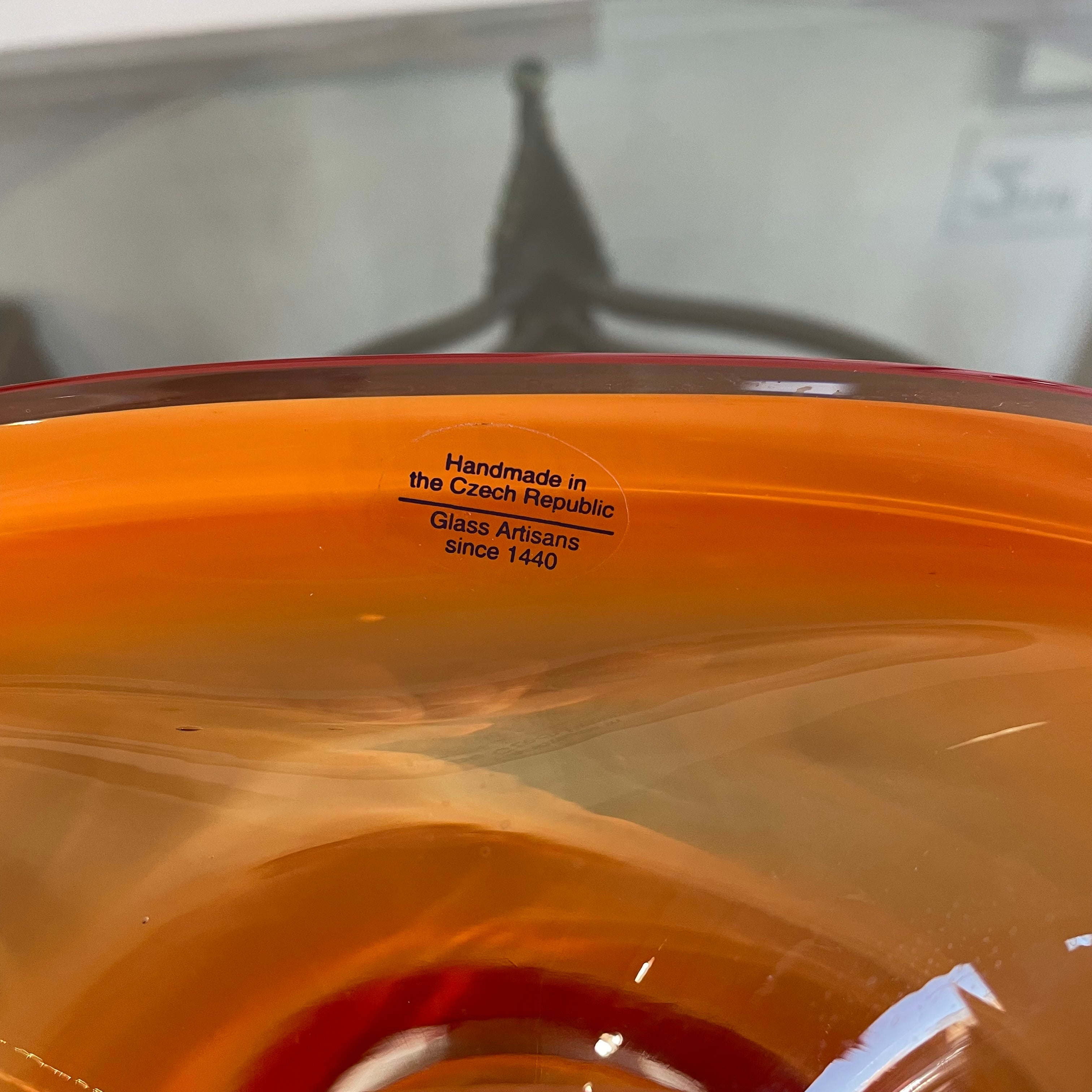 Orange MCM Hand Blown Glass Canoe Bowl Czech Republic