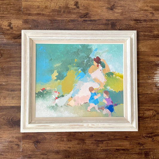 Vintage Oil Painting Of A Women And Children By Unknown Professionally Framed