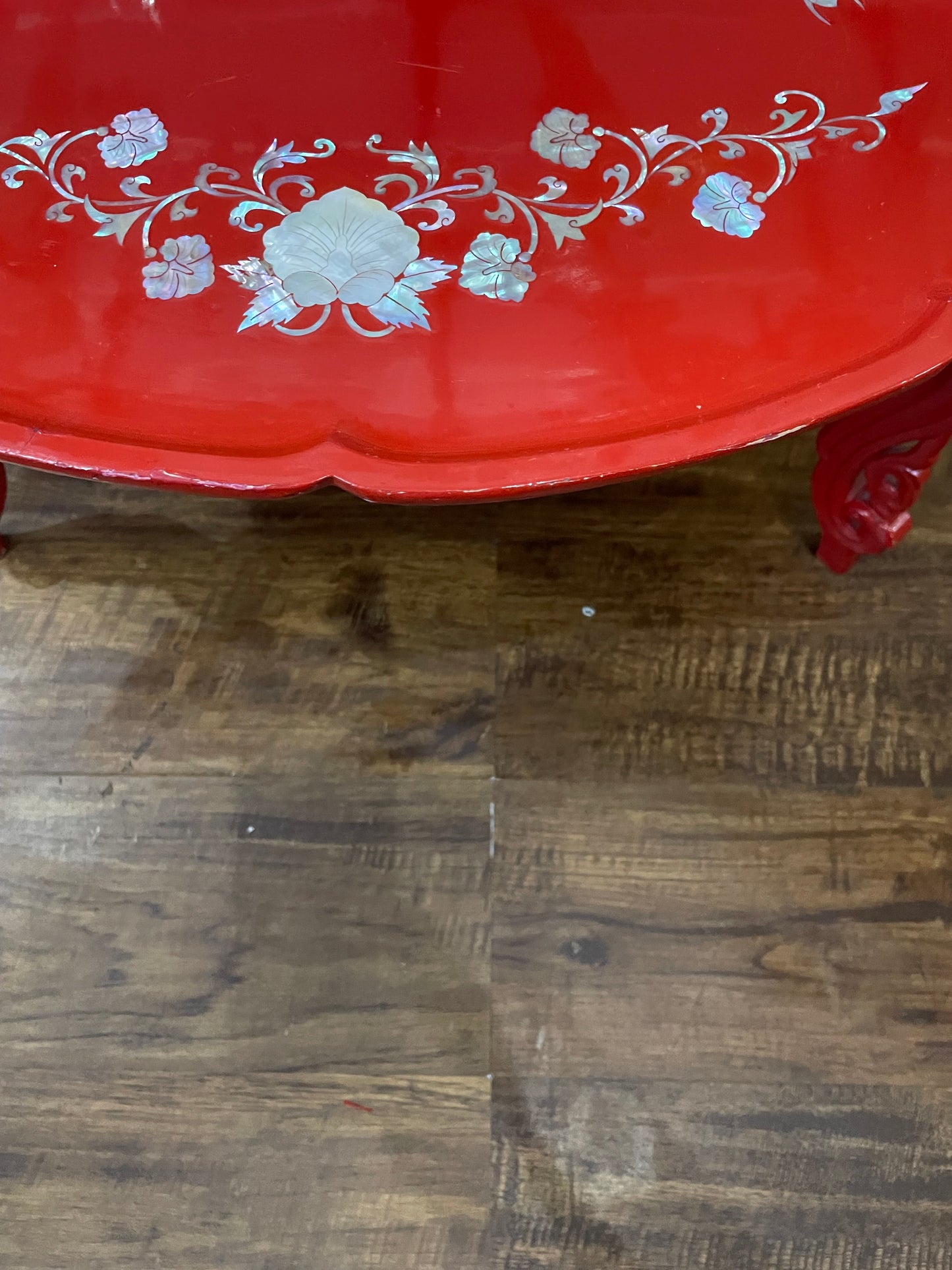 Vintage Red Lacquered Mother of Pearl Inlay Tea Table