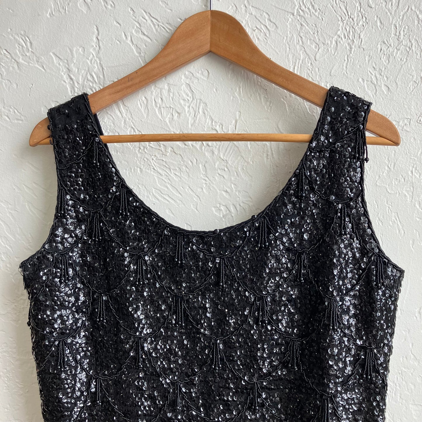 Black Beaded Wool Sequined Fringe Top | Large