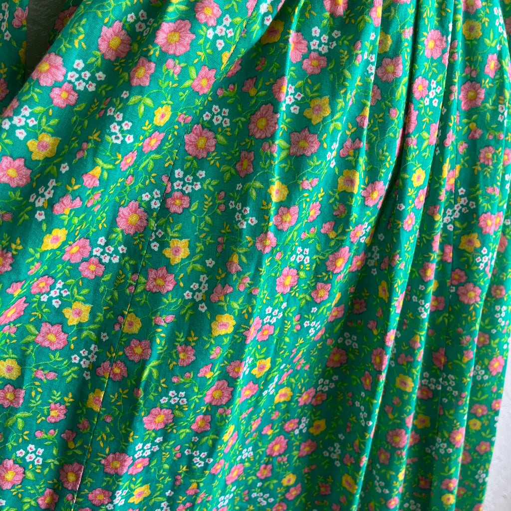70’s Green Floral Maxi Dress | XS