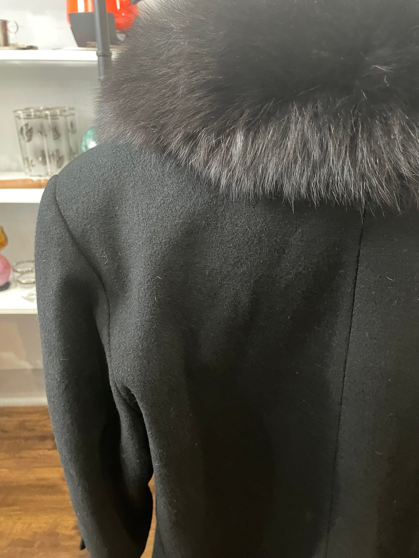 Stephanie Matthews Black Wool Fox Collar Trench | Large