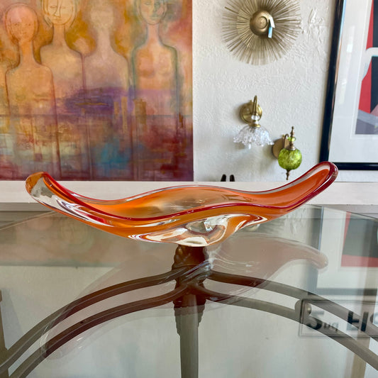 Orange MCM Hand Blown Glass Canoe Bowl Czech Republic