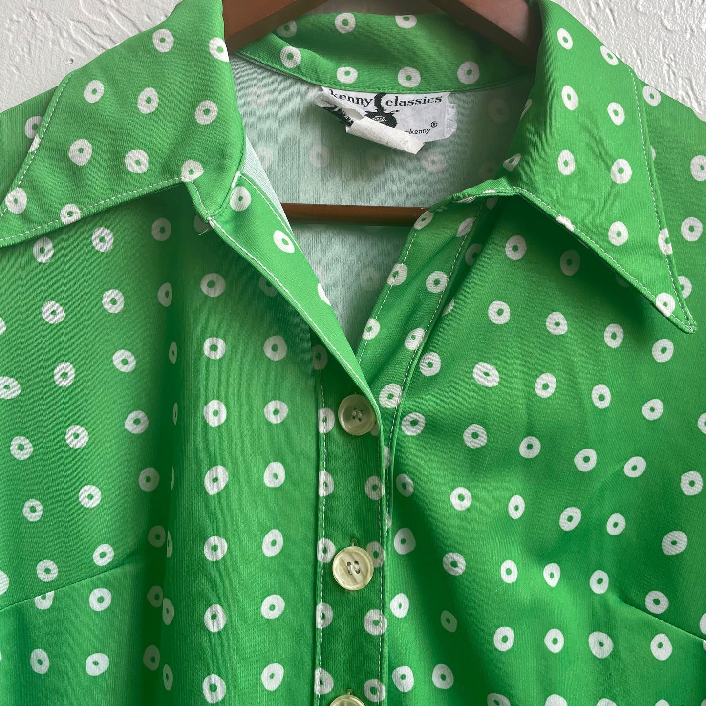 70’s Maxi Button Up Green & White Poke A Dot Dress | Large