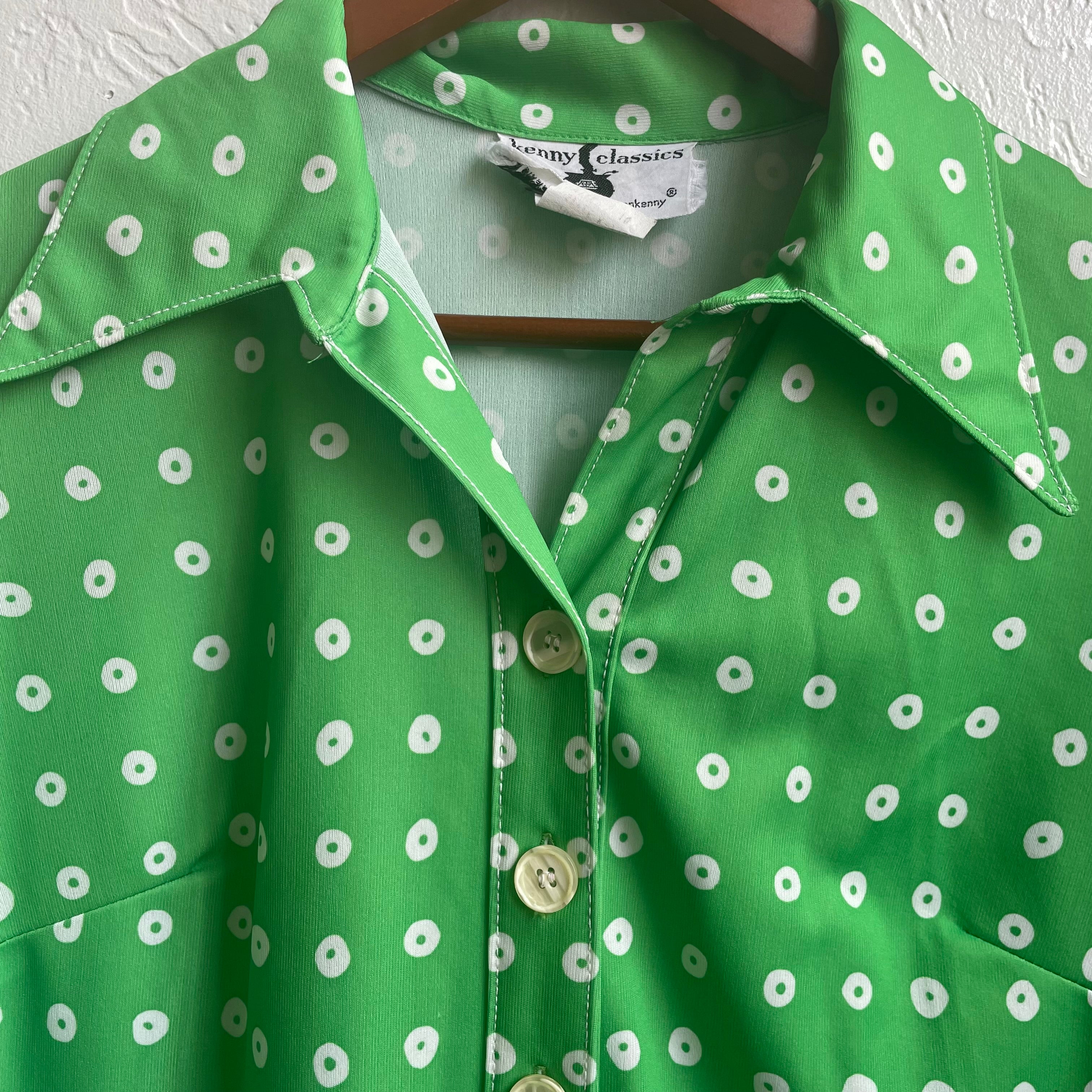 70’s Maxi Button Up Green & White Poke A Dot Dress | Large