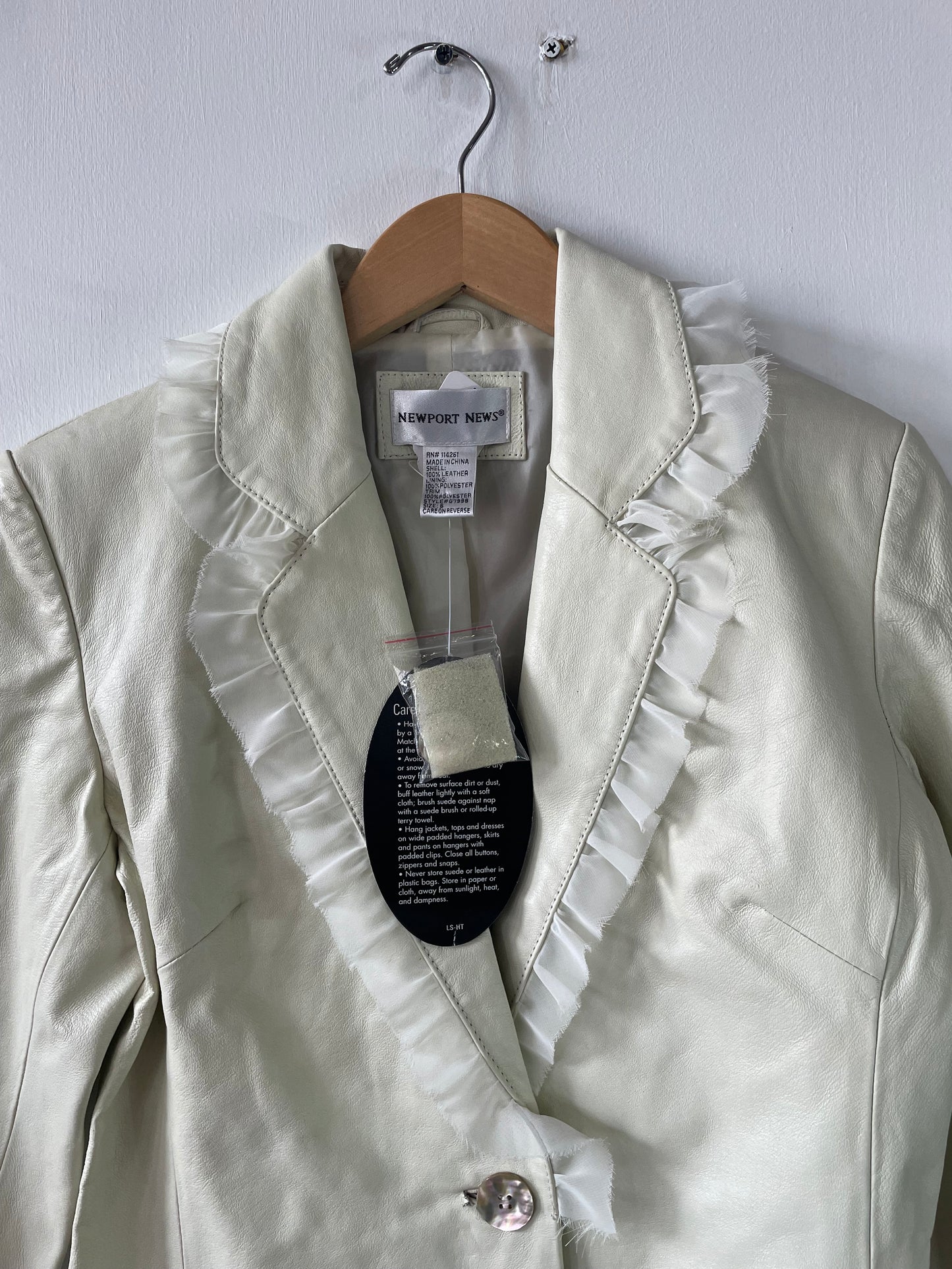 Y2K Cream Leather Jacket with Ruffle Trim